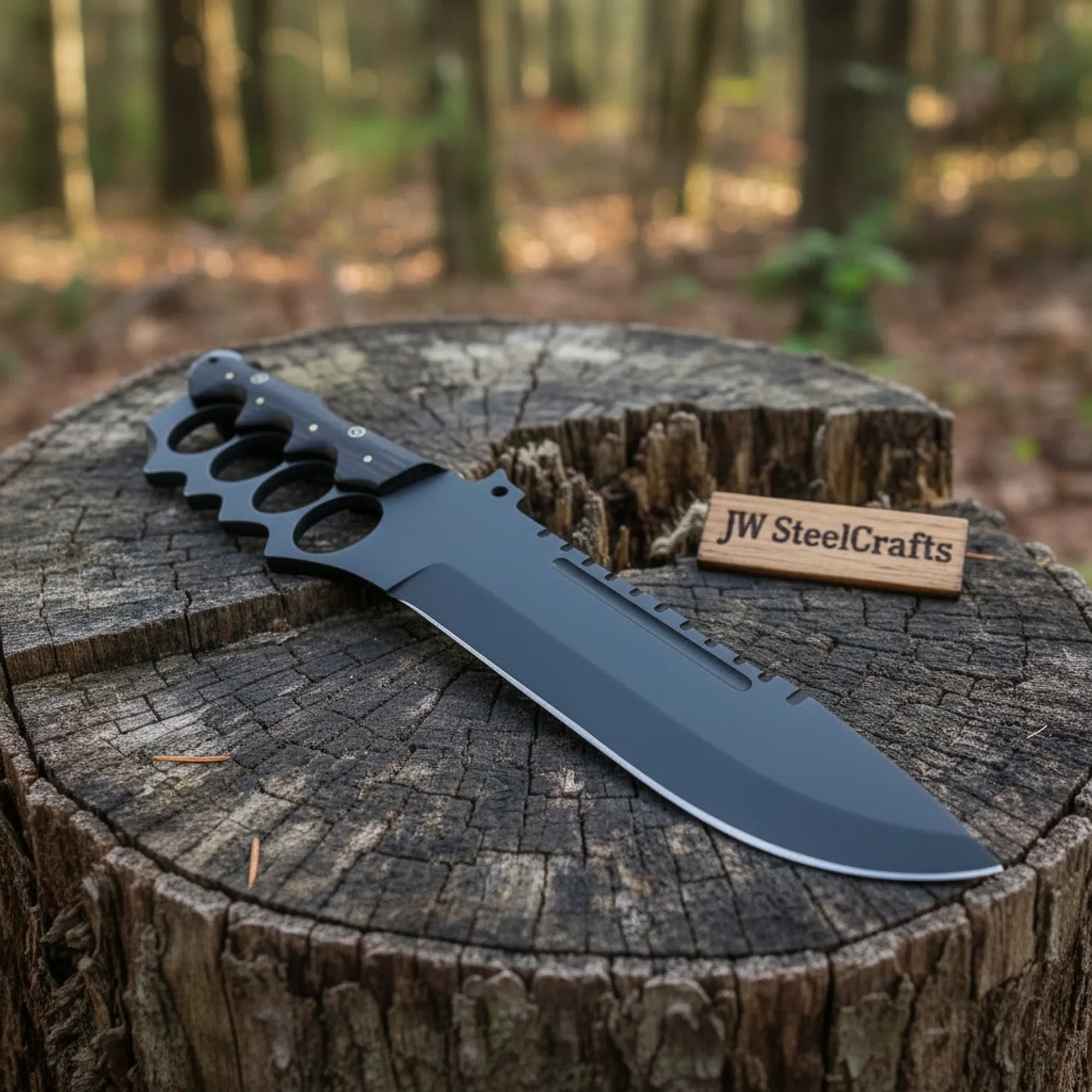 Knuckle Handle Tactical Knife Acid Etched Drop Point Fixed Blade