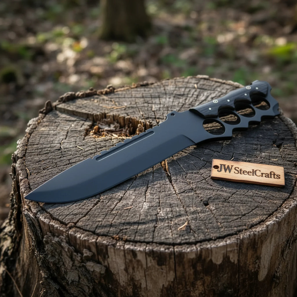 Knuckle Handle Tactical Knife Acid Etched Drop Point Fixed Blade