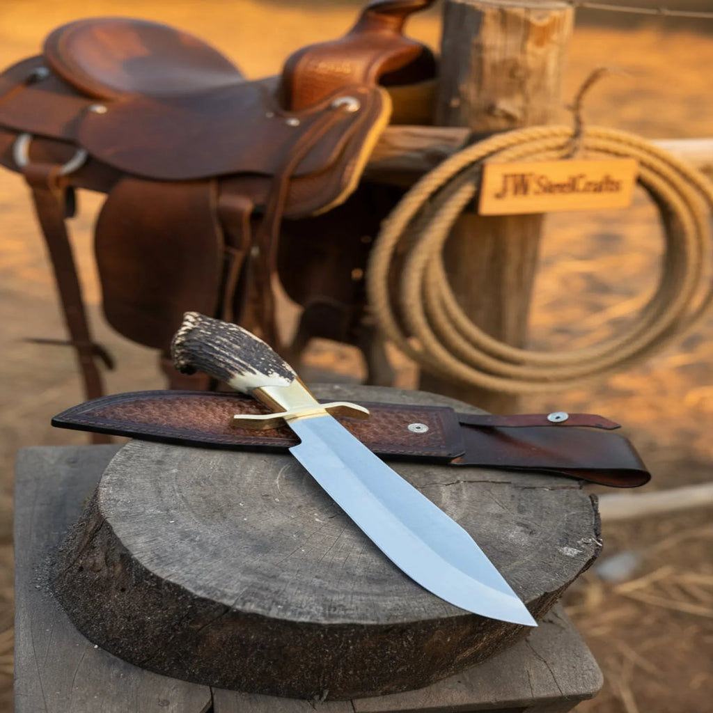 Handmade Carbon Steel Hunting Knife with Stag Horn Handle & Leather Sheath