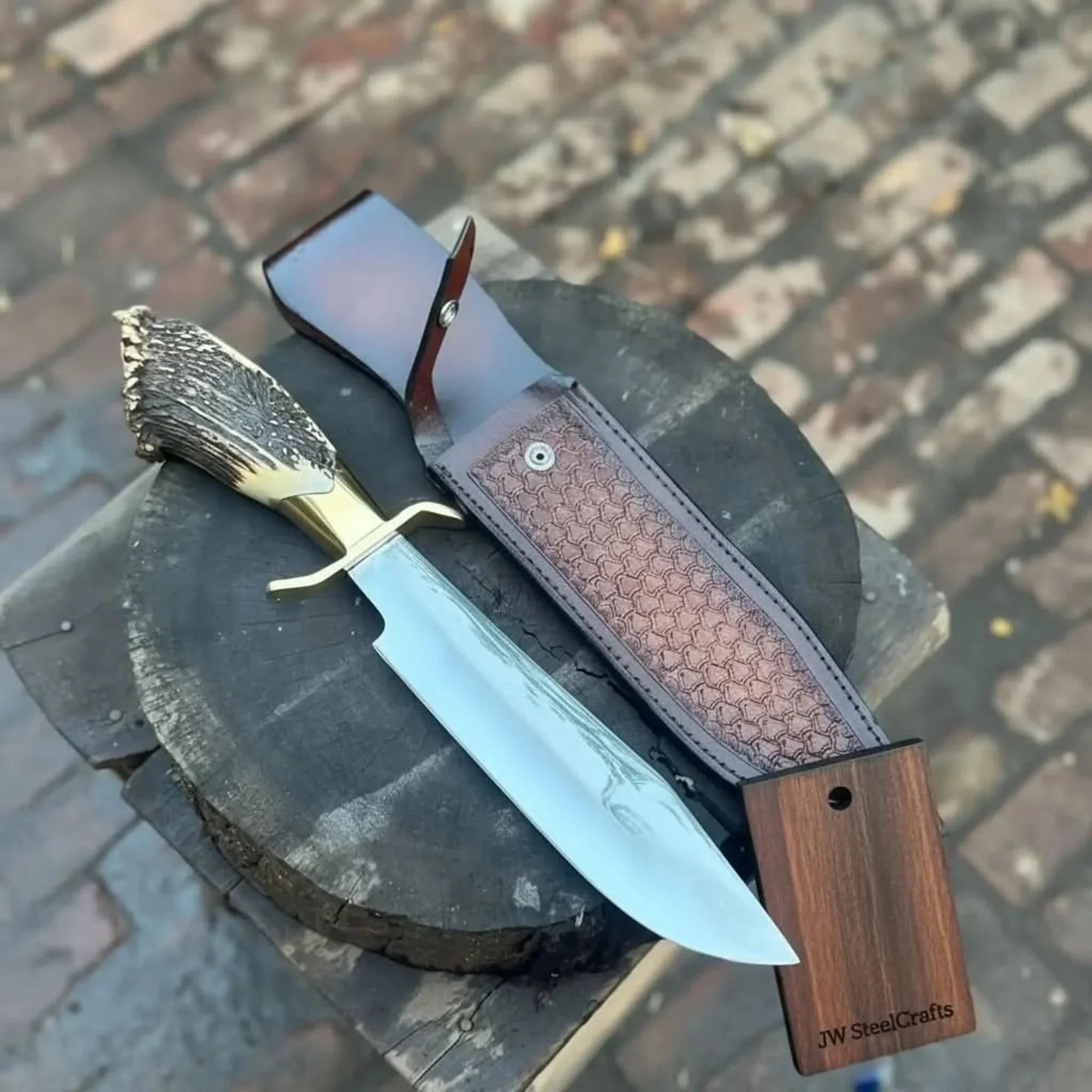 Handmade Carbon Steel Hunting Knife with Stag Horn Handle & Leather Sheath