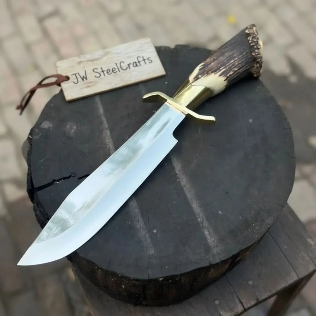 Handmade Carbon Steel Hunting Knife with Stag Horn Handle & Leather Sheath