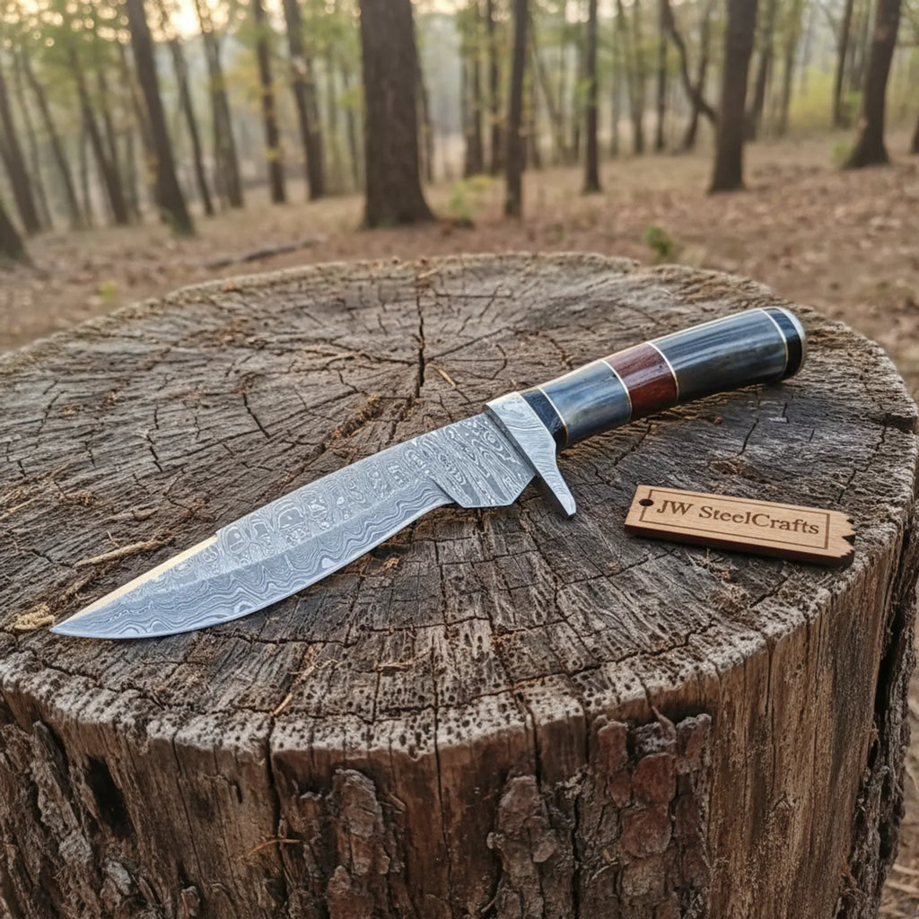 Handmade Damascus Bowie Knife with Colored Bone Handle | Full Tang Fixed Blade