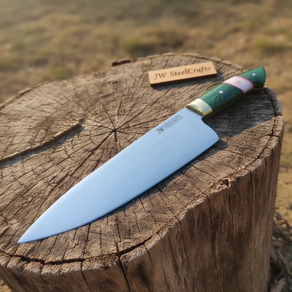 Carbon Steel Chef Knife 8” blade  Green Handle Sharp Kitchen Knife