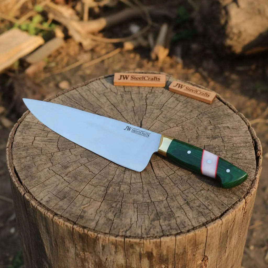 Carbon Steel Chef Knife 8” blade  Green Handle Sharp Kitchen Knife