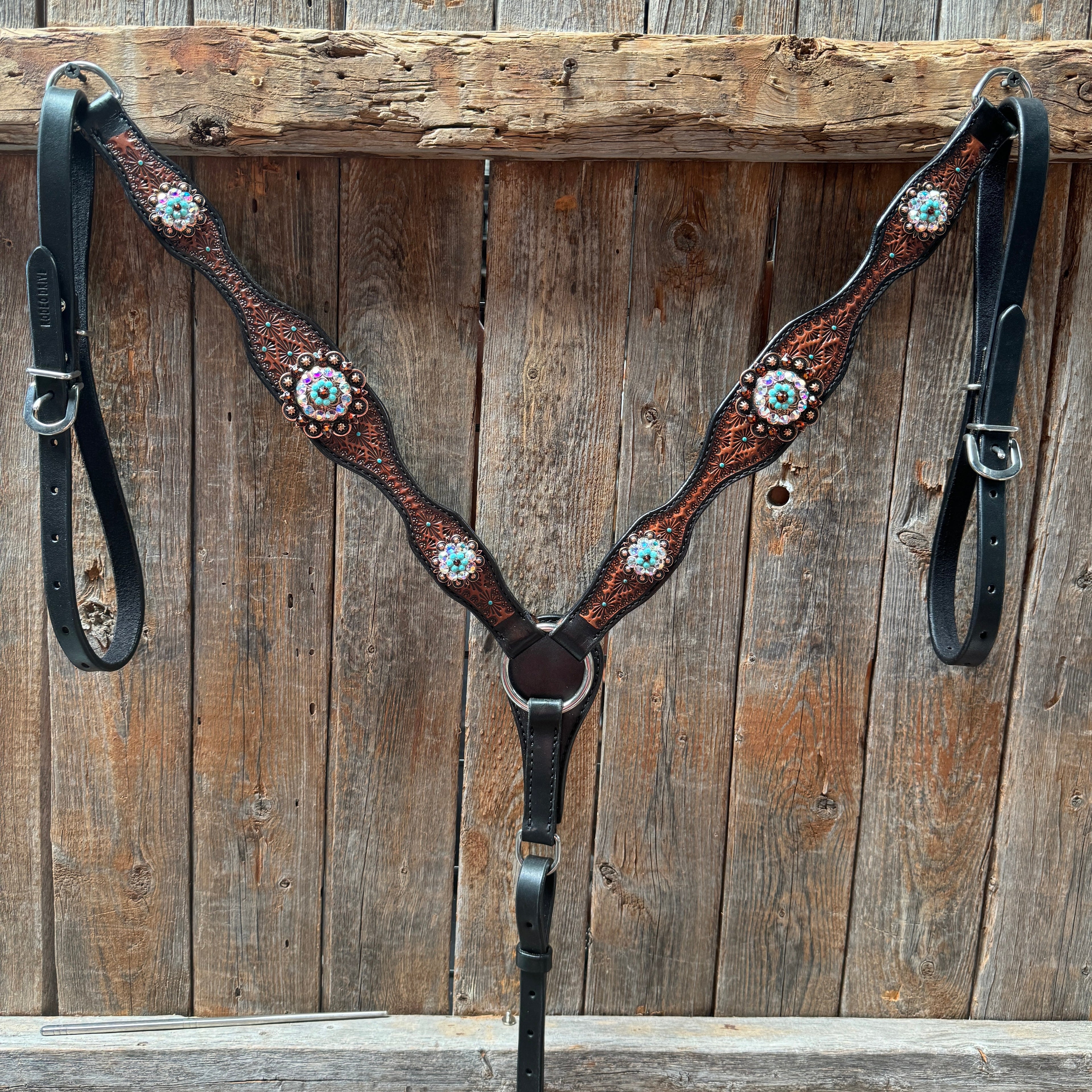 Teal Diamond Topaz and Turquoise Browband / One Ear - Breastcollar Tack Set #BBBC650 — view 8