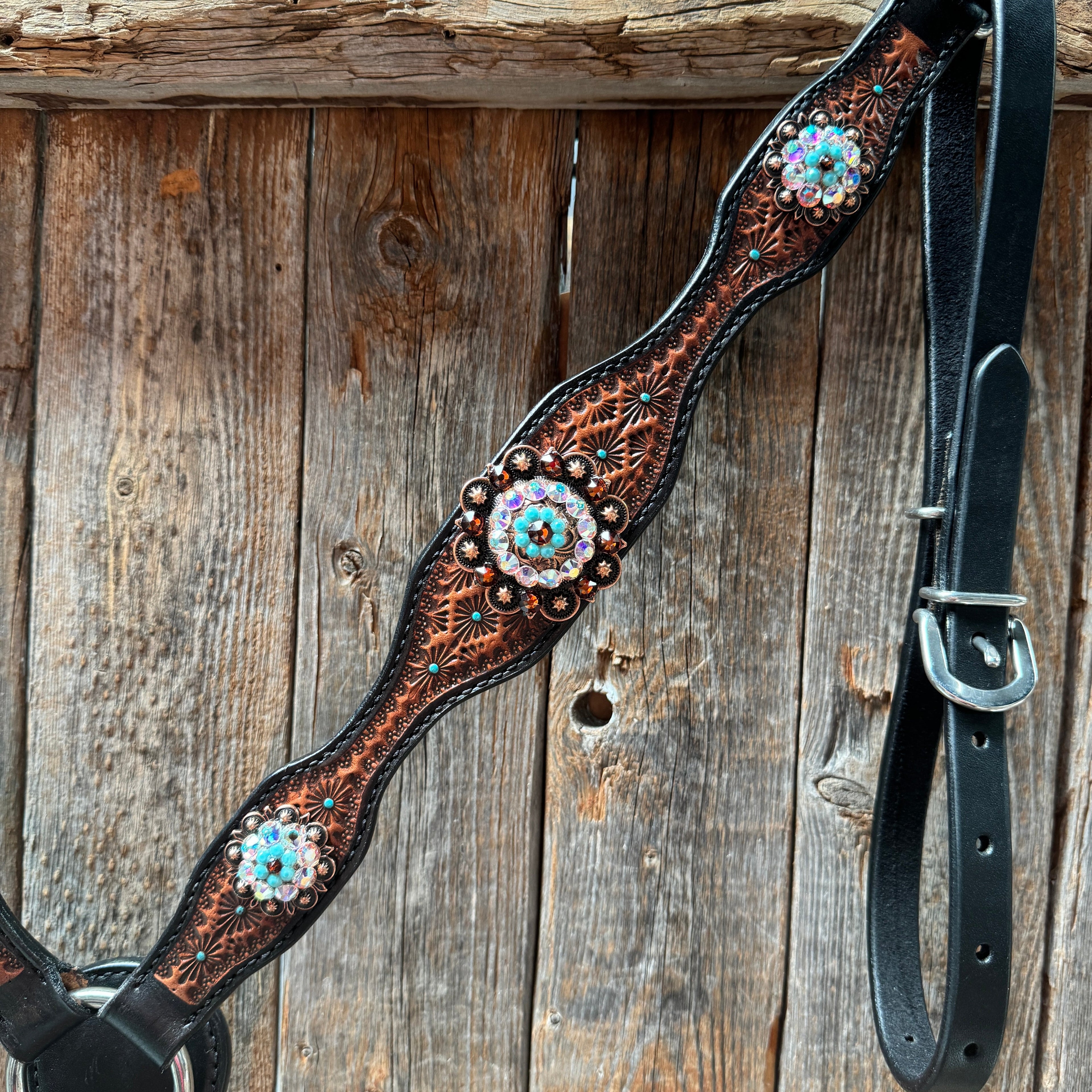 Teal Diamond Topaz and Turquoise Browband / One Ear - Breastcollar Tack Set #BBBC650 — view 9