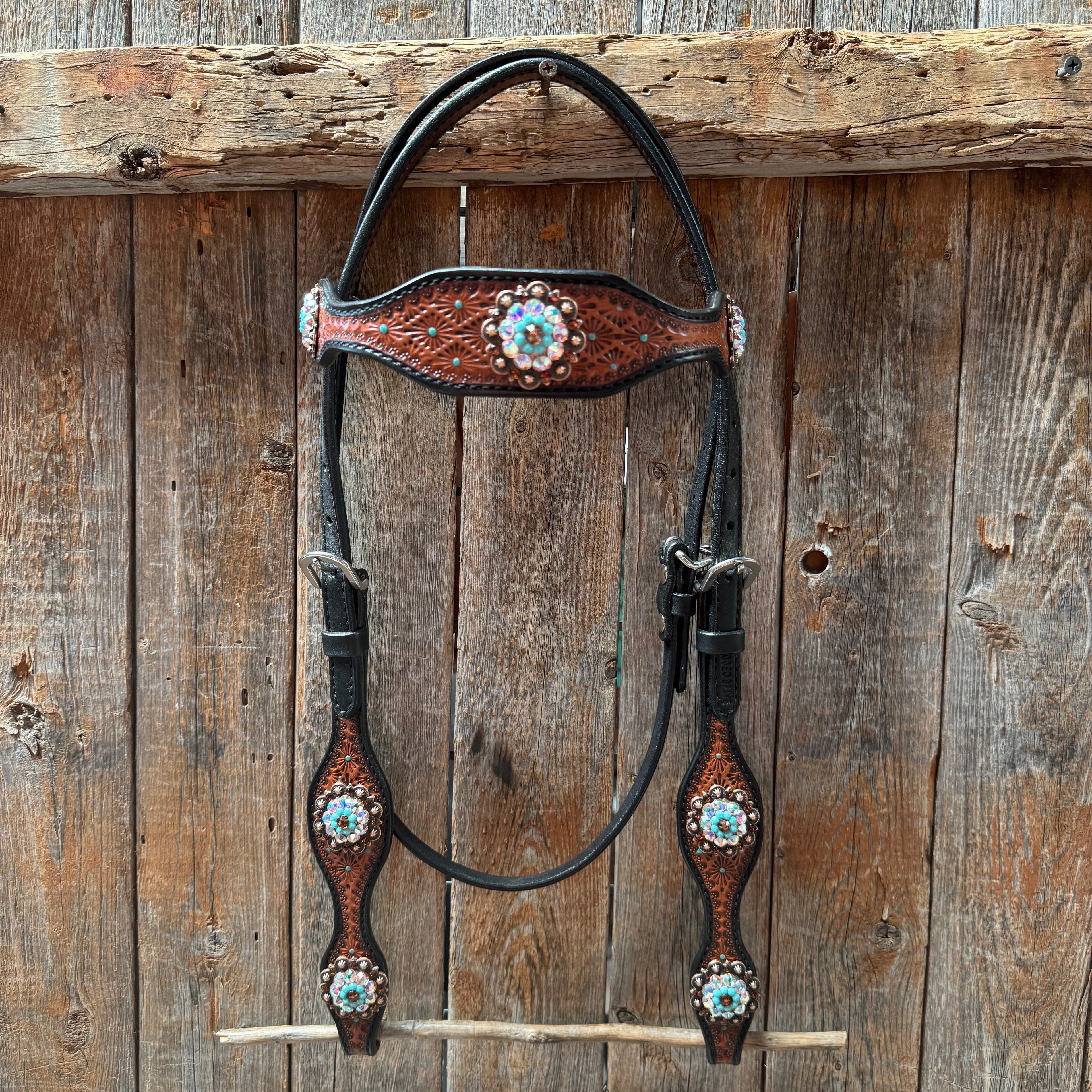 Teal Diamond Topaz and Turquoise Browband / One Ear - Breastcollar Tack Set #BBBC650 — view 3
