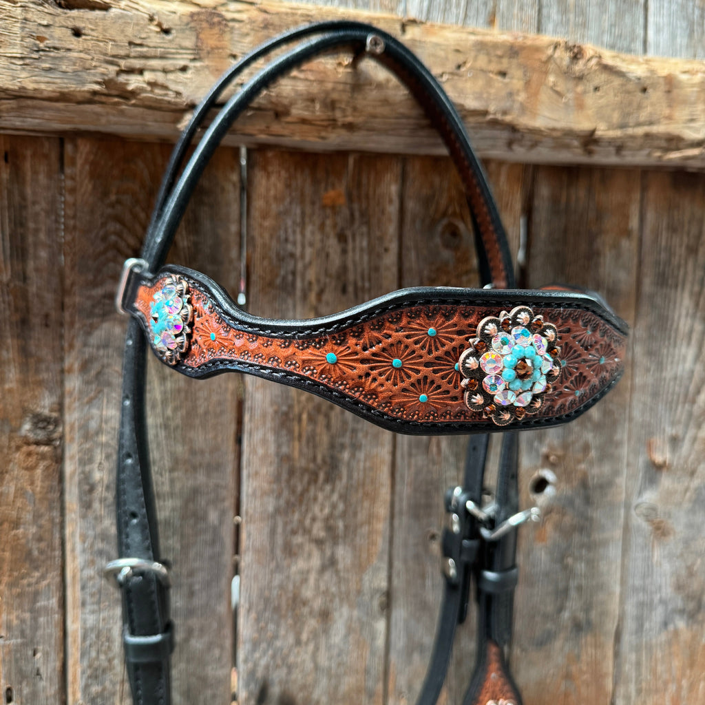 Teal Diamond Topaz and Turquoise Browband / One Ear - Breastcollar Tack Set #BBBC650 — view 4