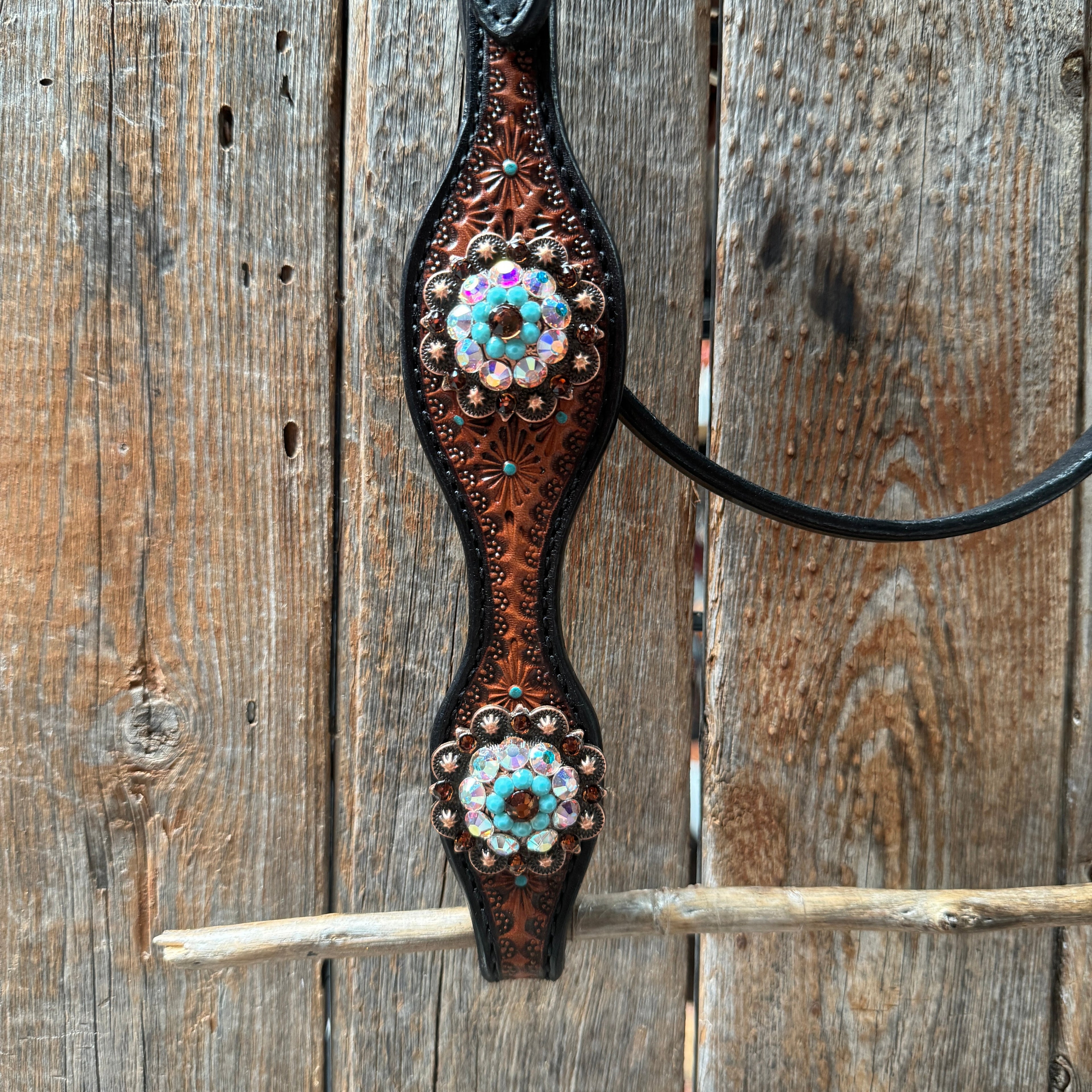 Teal Diamond Topaz and Turquoise Browband / One Ear - Breastcollar Tack Set #BBBC650 — view 5