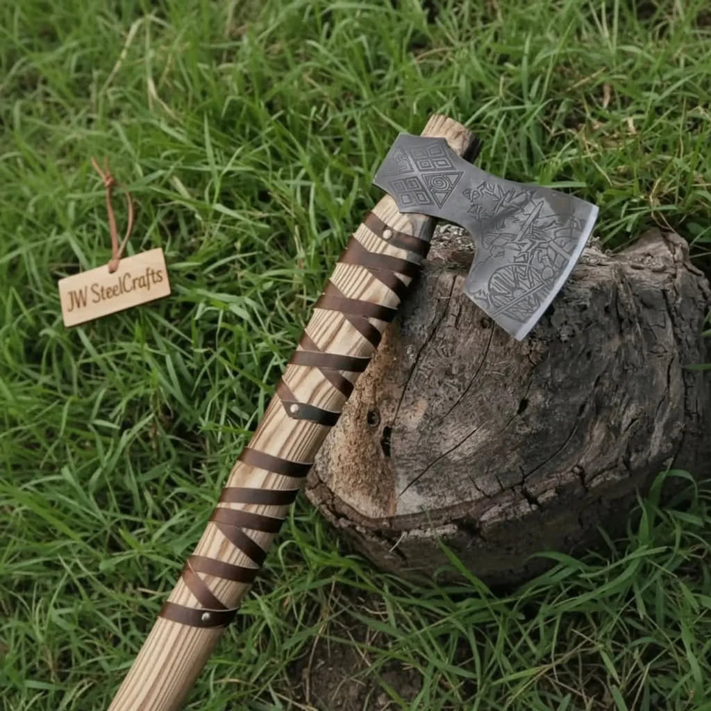Handmade Viking Axe Carbon Steel Head with Engraved Handle 22 Inch