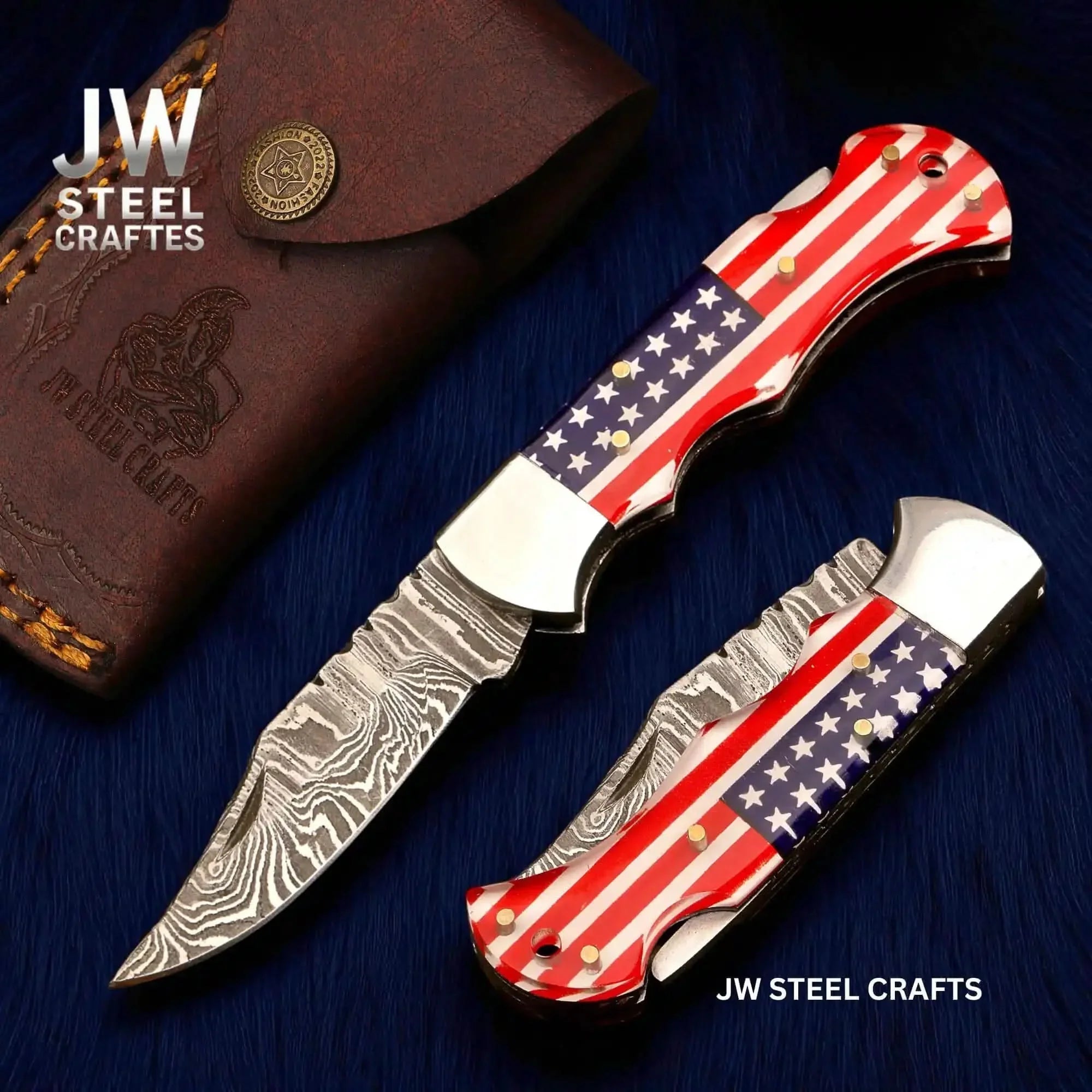 American Flag Damascus Folding Hunter with Ram Horn Handle