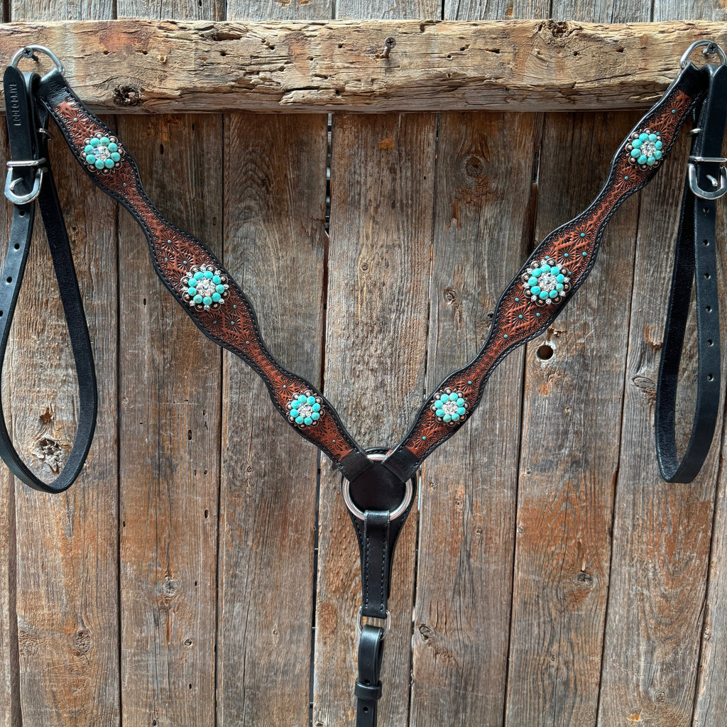 Teal Diamond Turquoise and Clear Browband / One Ear - Breastcollar Tack Set #BBBC644 — view 9