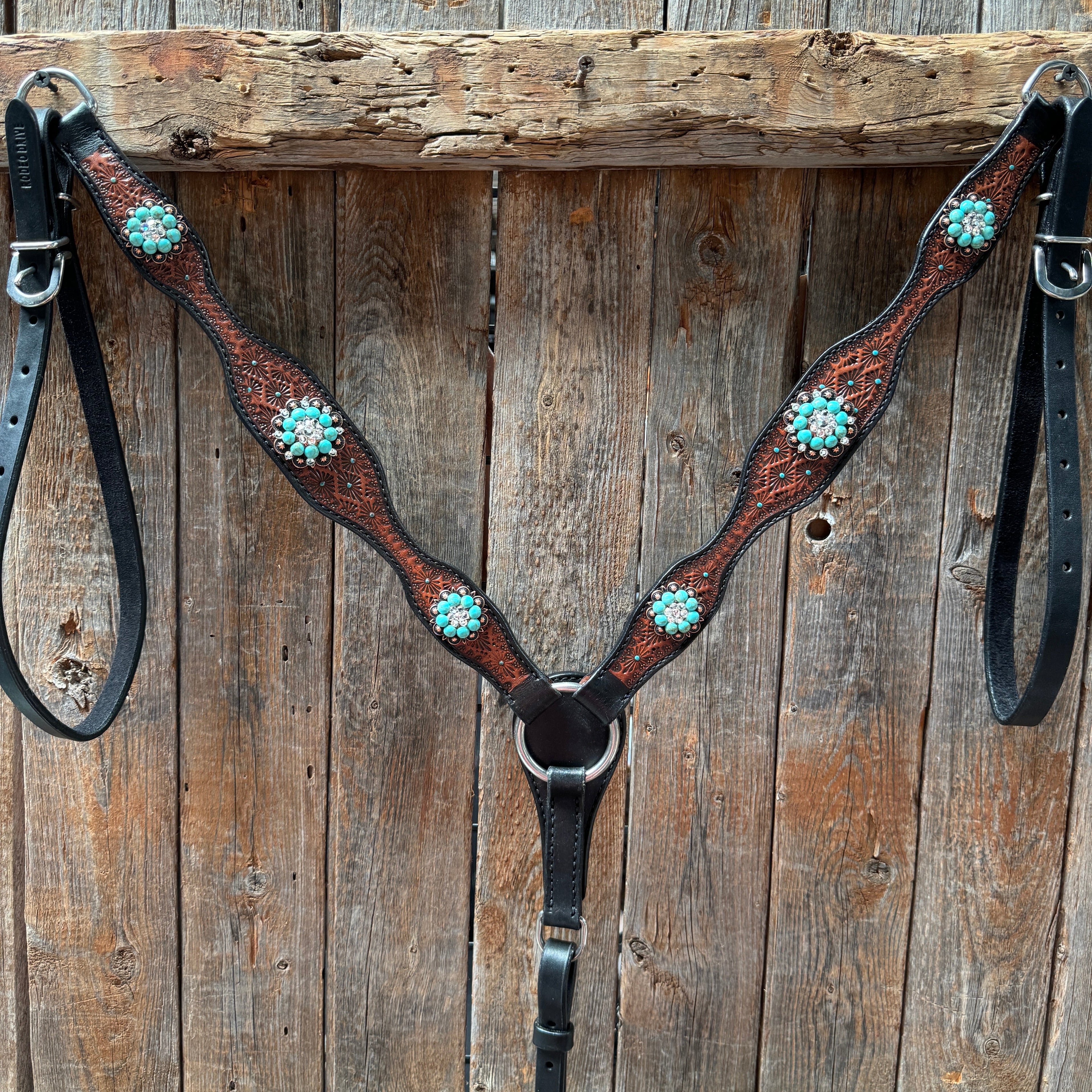 Teal Diamond Turquoise and Clear Browband / One Ear - Breastcollar Tack Set #BBBC644 — view 9