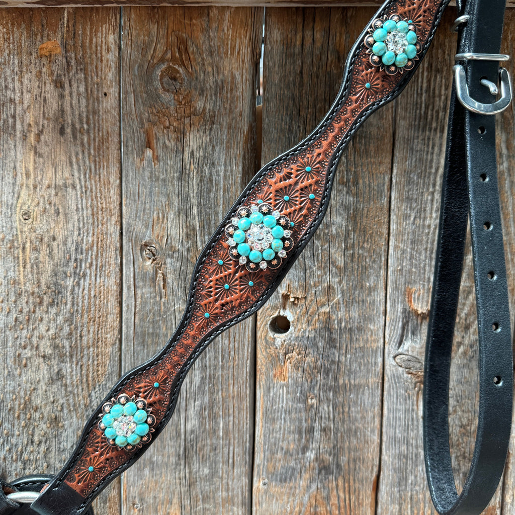 Teal Diamond Turquoise and Clear Browband / One Ear - Breastcollar Tack Set #BBBC644 — view 10