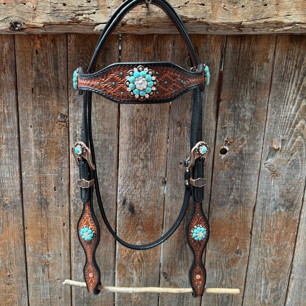 Teal Diamond Turquoise and Clear Browband / One Ear - Breastcollar Tack Set #BBBC644 — view 3