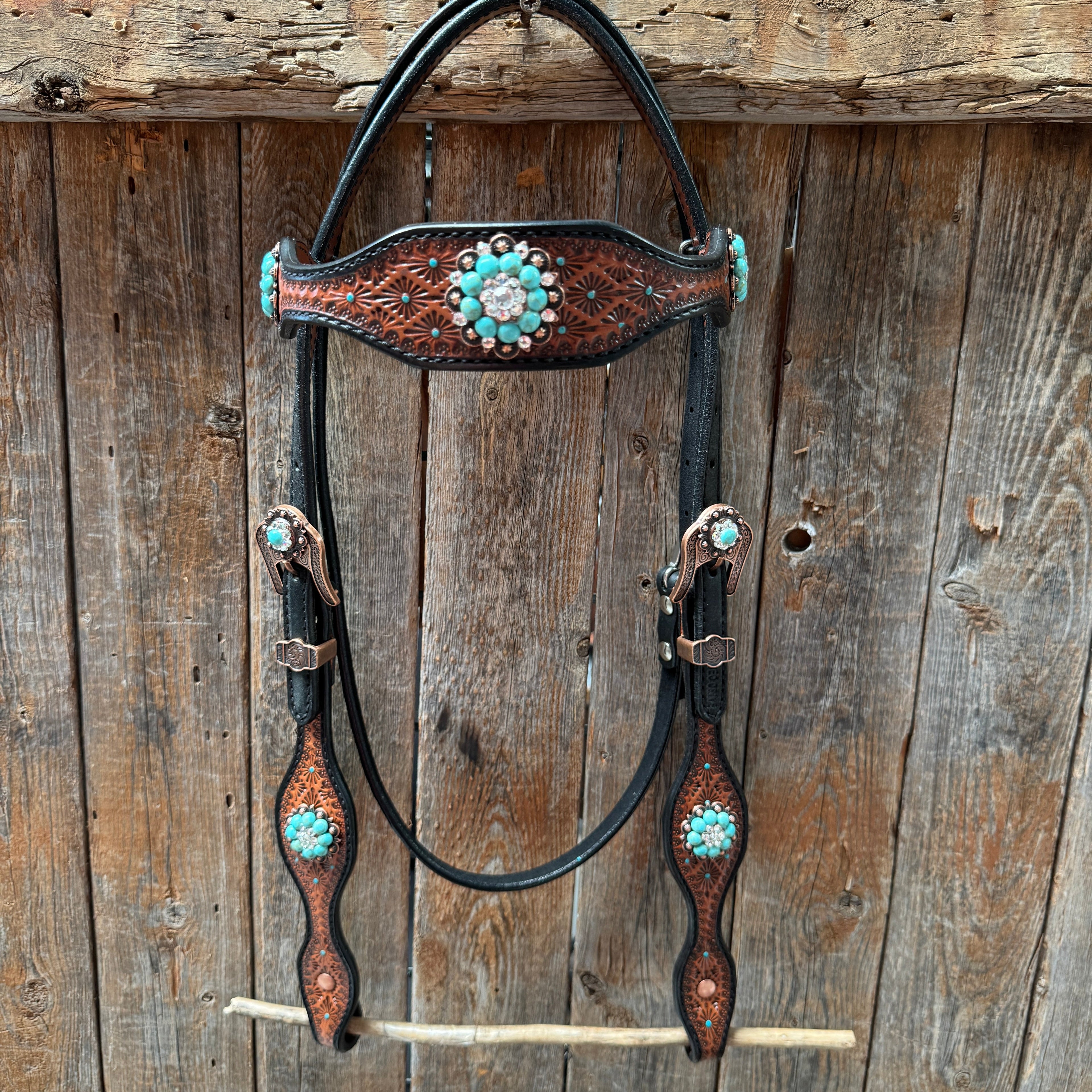 Teal Diamond Turquoise and Clear Browband / One Ear - Breastcollar Tack Set #BBBC644 — view 3