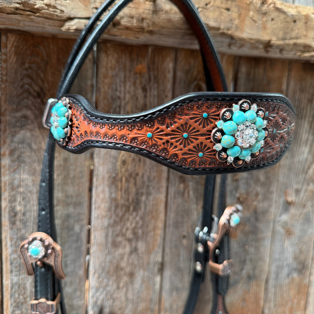 Teal Diamond Turquoise and Clear Browband / One Ear - Breastcollar Tack Set #BBBC644 — view 4
