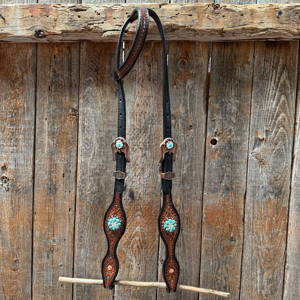 Teal Diamond Turquoise and Clear Browband / One Ear - Breastcollar Tack Set #BBBC644 — view 7