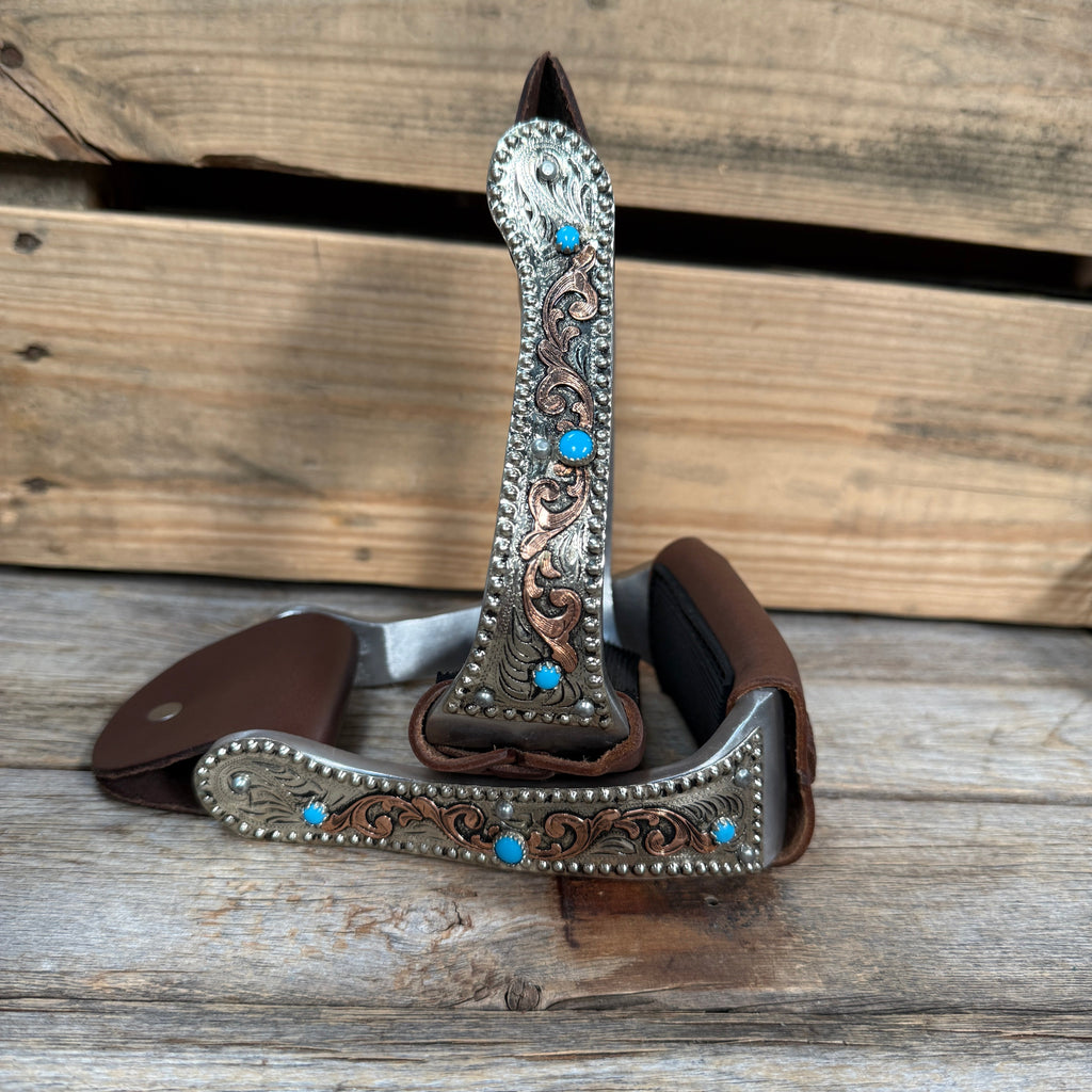 Hand Engraved Copper and Turquoise Angled Barrel Racing Western Stirrups BRS101 — view 3