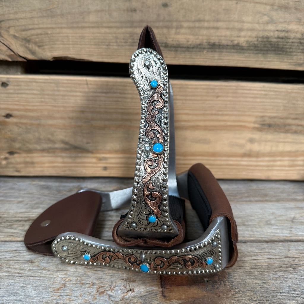 Hand Engraved Copper and Turquoise Angled Barrel Racing Western Stirrups BRS101 — view 2