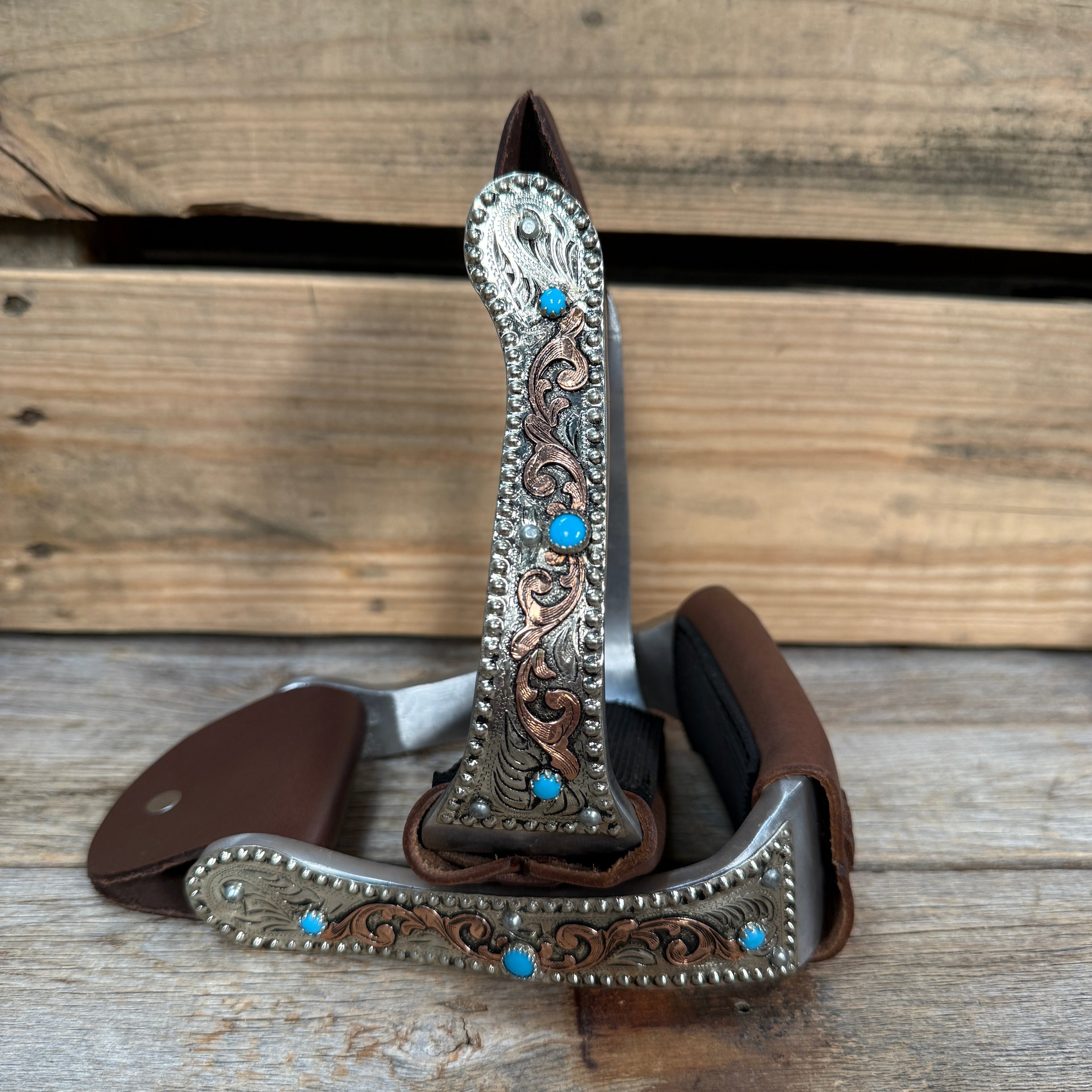 Hand Engraved Copper and Turquoise Angled Barrel Racing Western Stirrups BRS101 — view 2