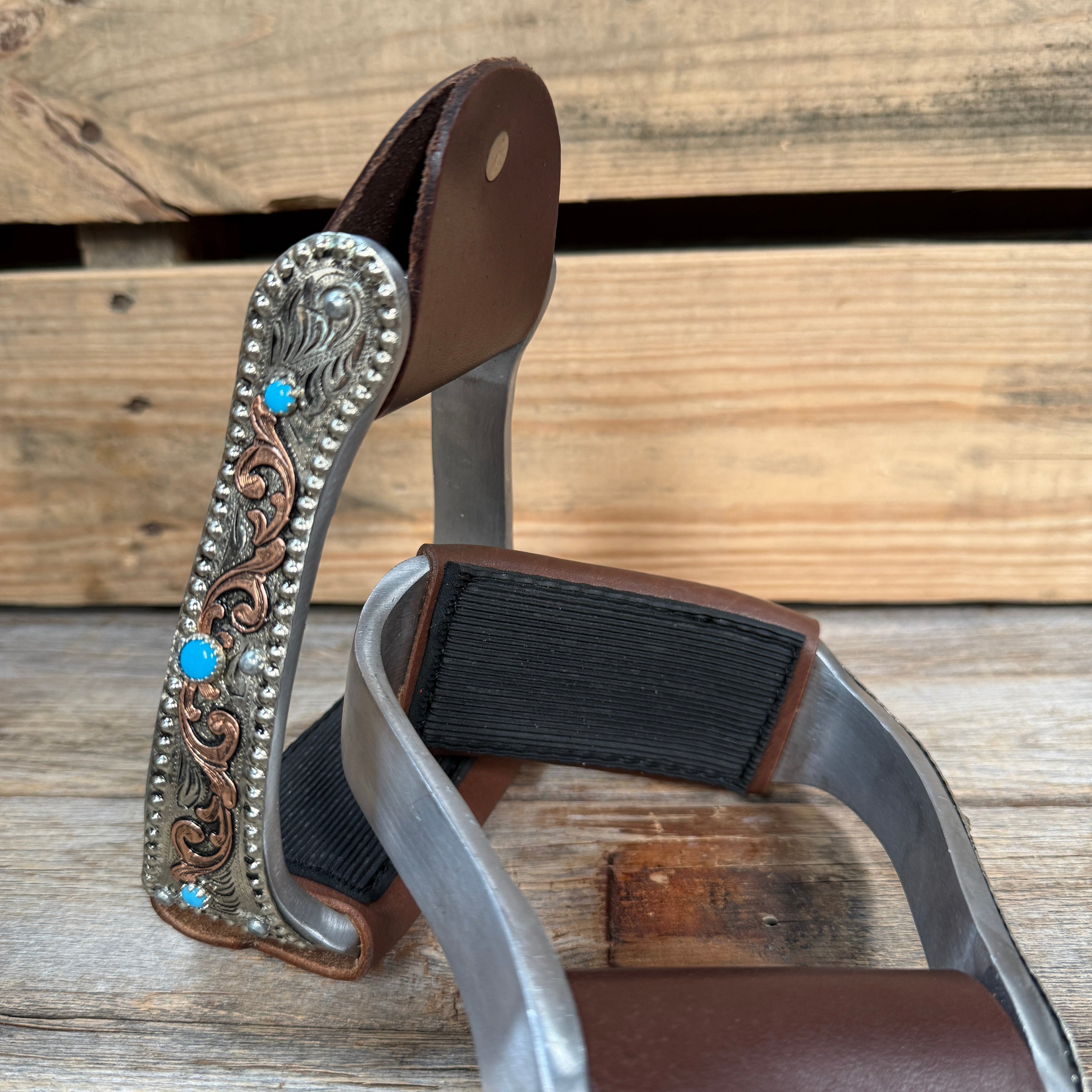 Hand Engraved Copper and Turquoise Angled Barrel Racing Western Stirrups BRS101 — view 4