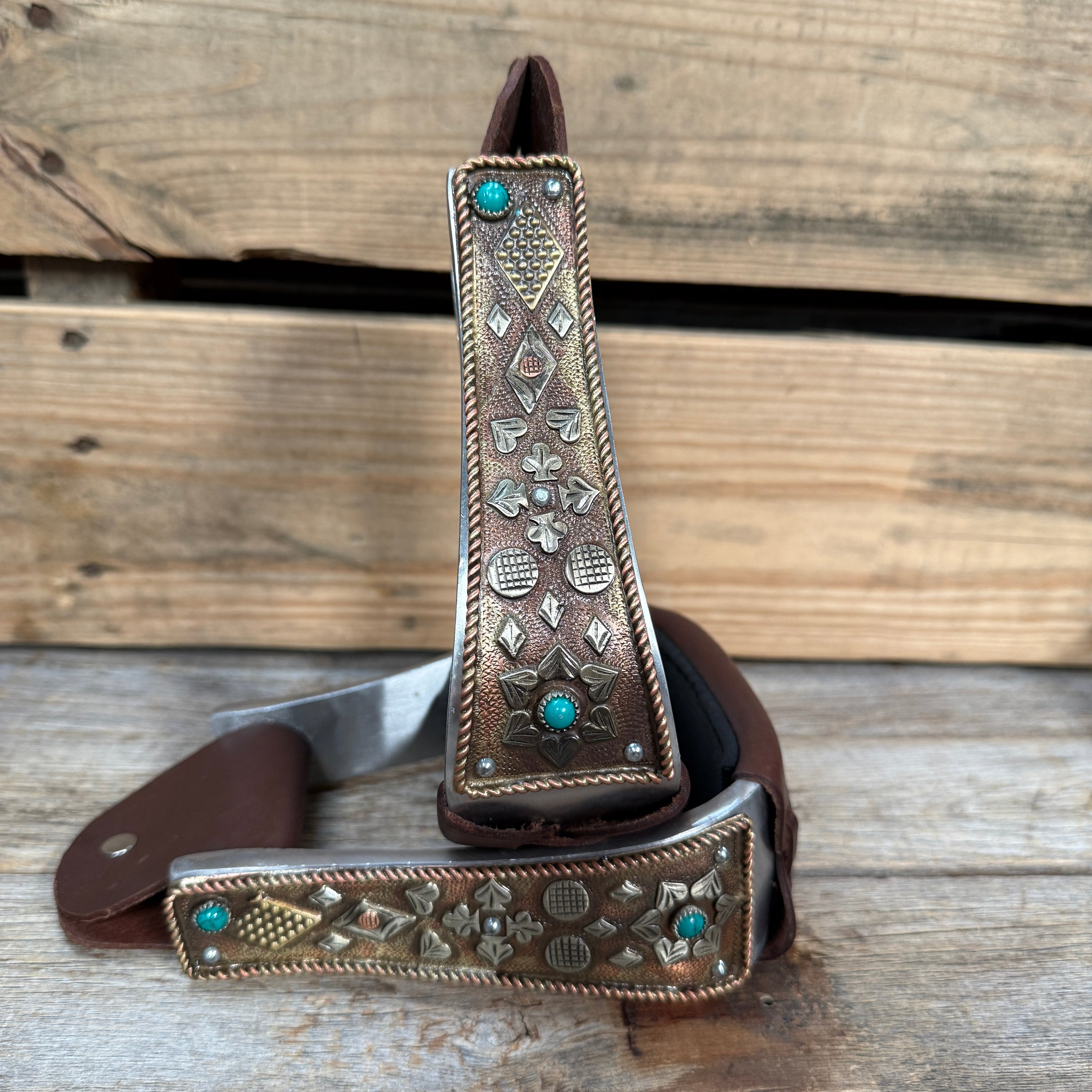 Hand Engraved Copper and Turquoise Barrel Racing/Trail Western Stirrups BRS100 — view 2