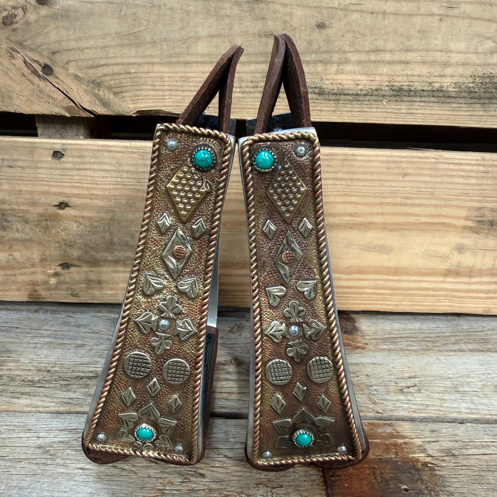 Hand Engraved Copper and Turquoise Barrel Racing/Trail Western Stirrups BRS100