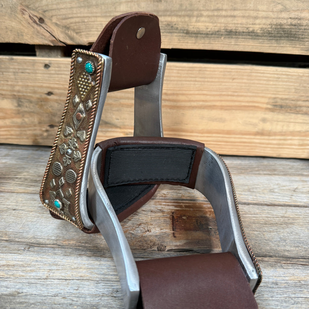 Hand Engraved Copper and Turquoise Barrel Racing/Trail Western Stirrups BRS100 — view 4