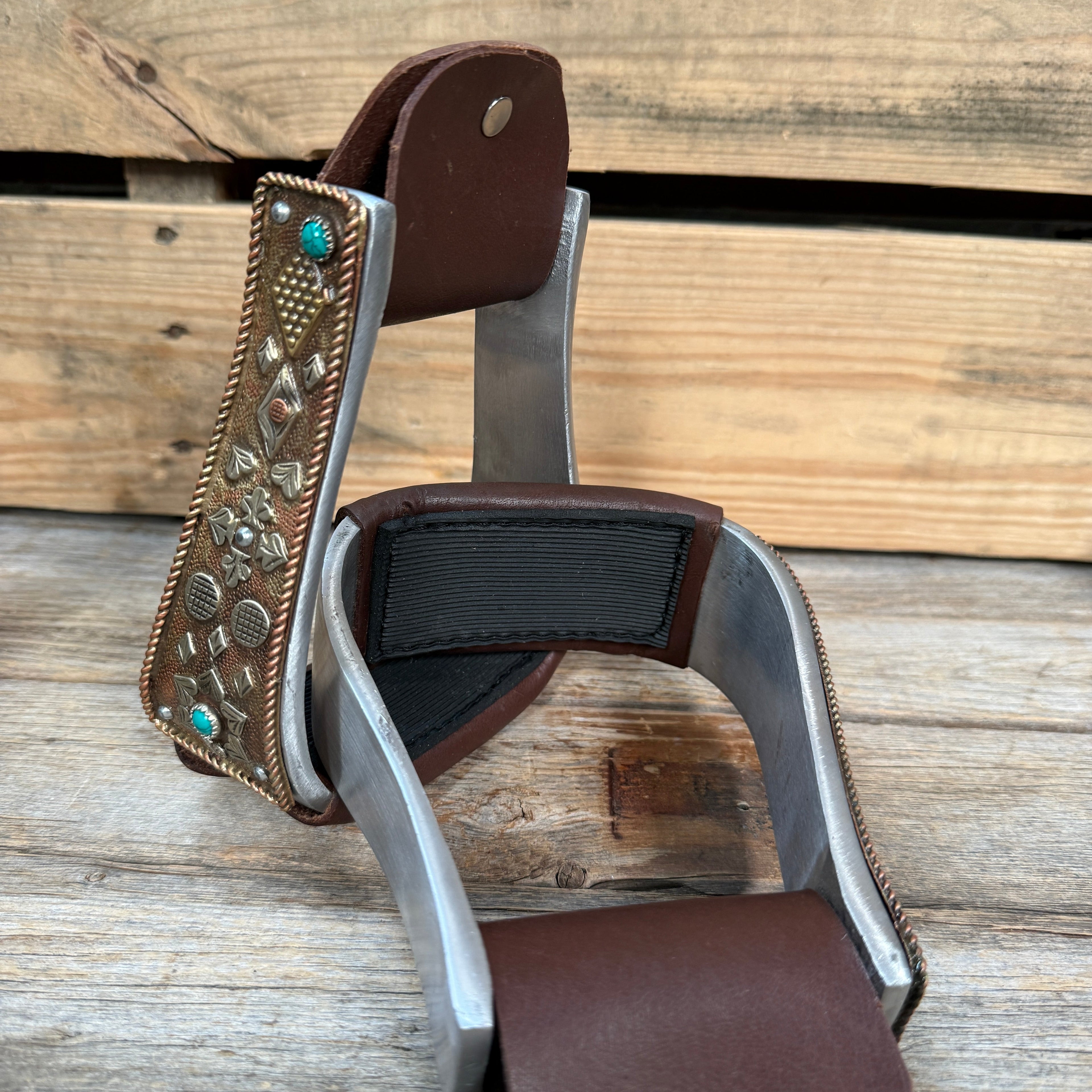 Hand Engraved Copper and Turquoise Barrel Racing/Trail Western Stirrups BRS100 — view 4