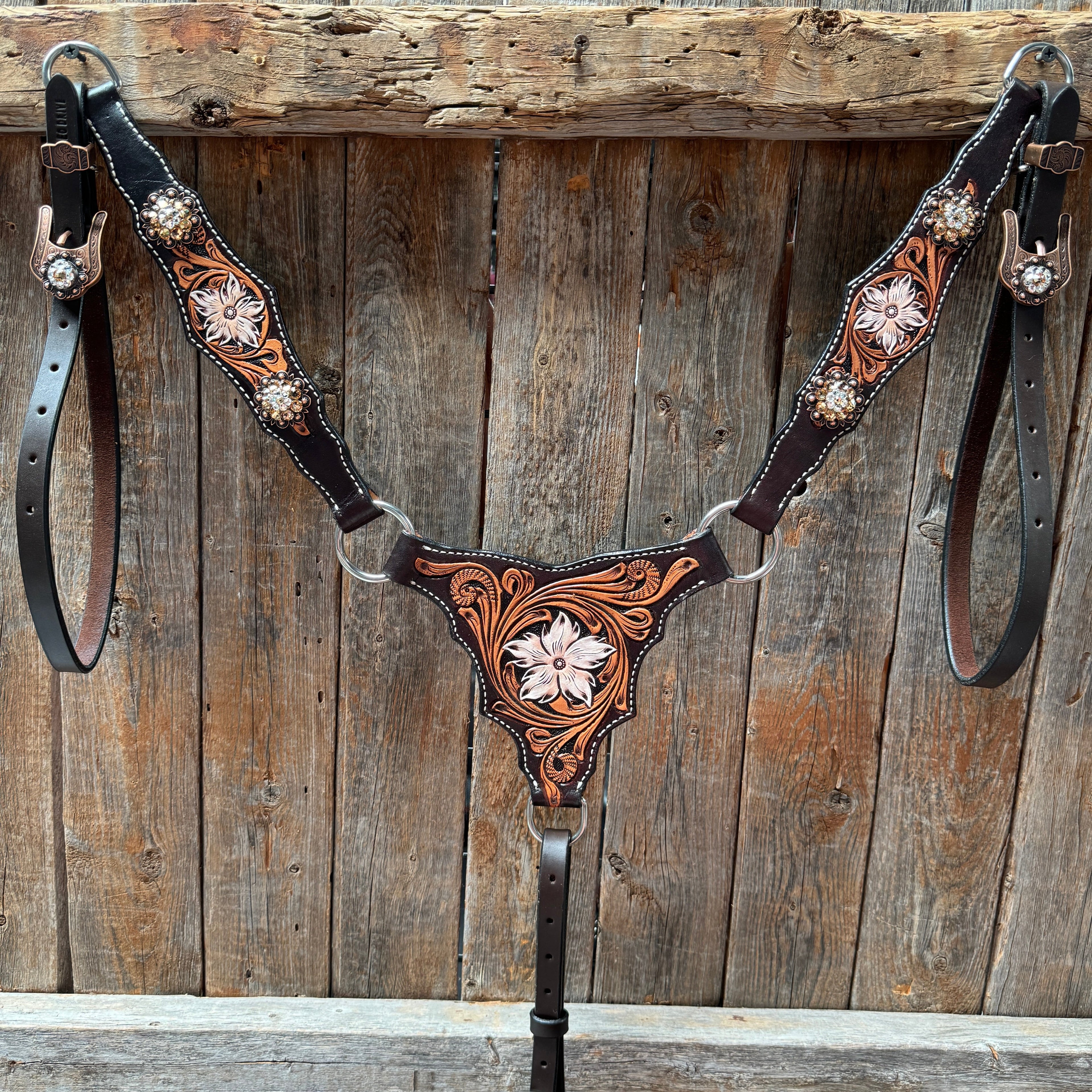 Triple Tone Floral Champagne and Clear Browband / One Ear - Triangle / Gladiator Breastcollar Tack Set #BBBC648 — view 9