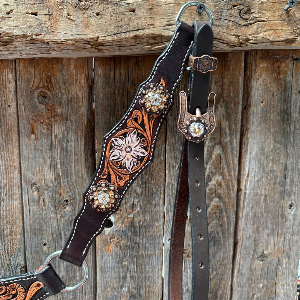 Triple Tone Floral Champagne and Clear Browband / One Ear - Triangle / Gladiator Breastcollar Tack Set #BBBC648 — view 10