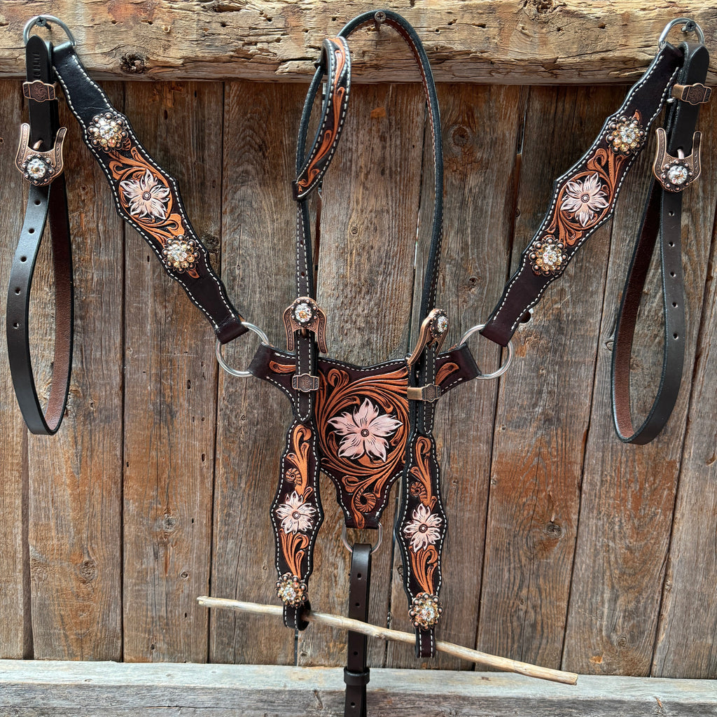 Triple Tone Floral Champagne and Clear Browband / One Ear - Triangle / Gladiator Breastcollar Tack Set #BBBC648 — view 2