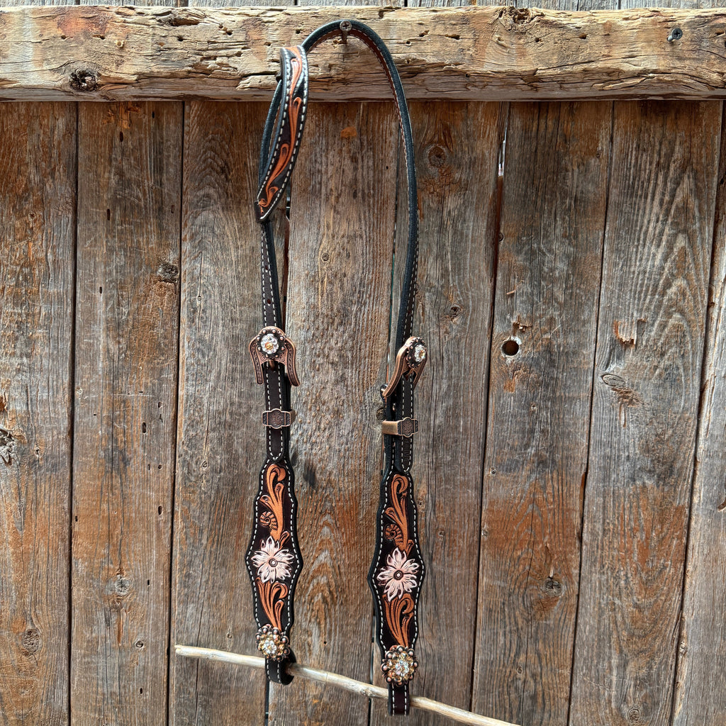 Triple Tone Floral Champagne and Clear Browband / One Ear - Triangle / Gladiator Breastcollar Tack Set #BBBC648 — view 7