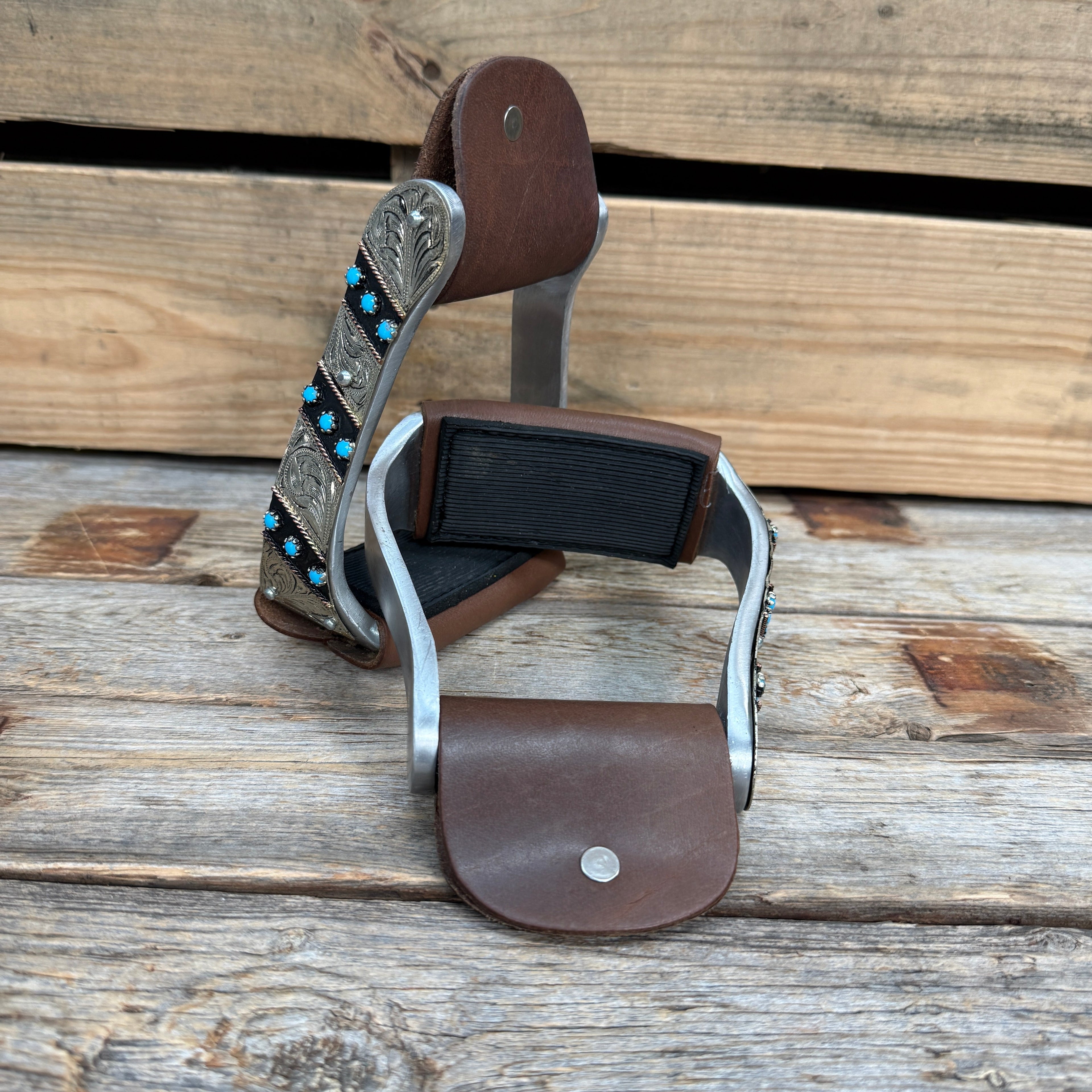 Hand Engraved Midnight Blue Angled Barrel Racing Western Stirrups BRS102 — view 3