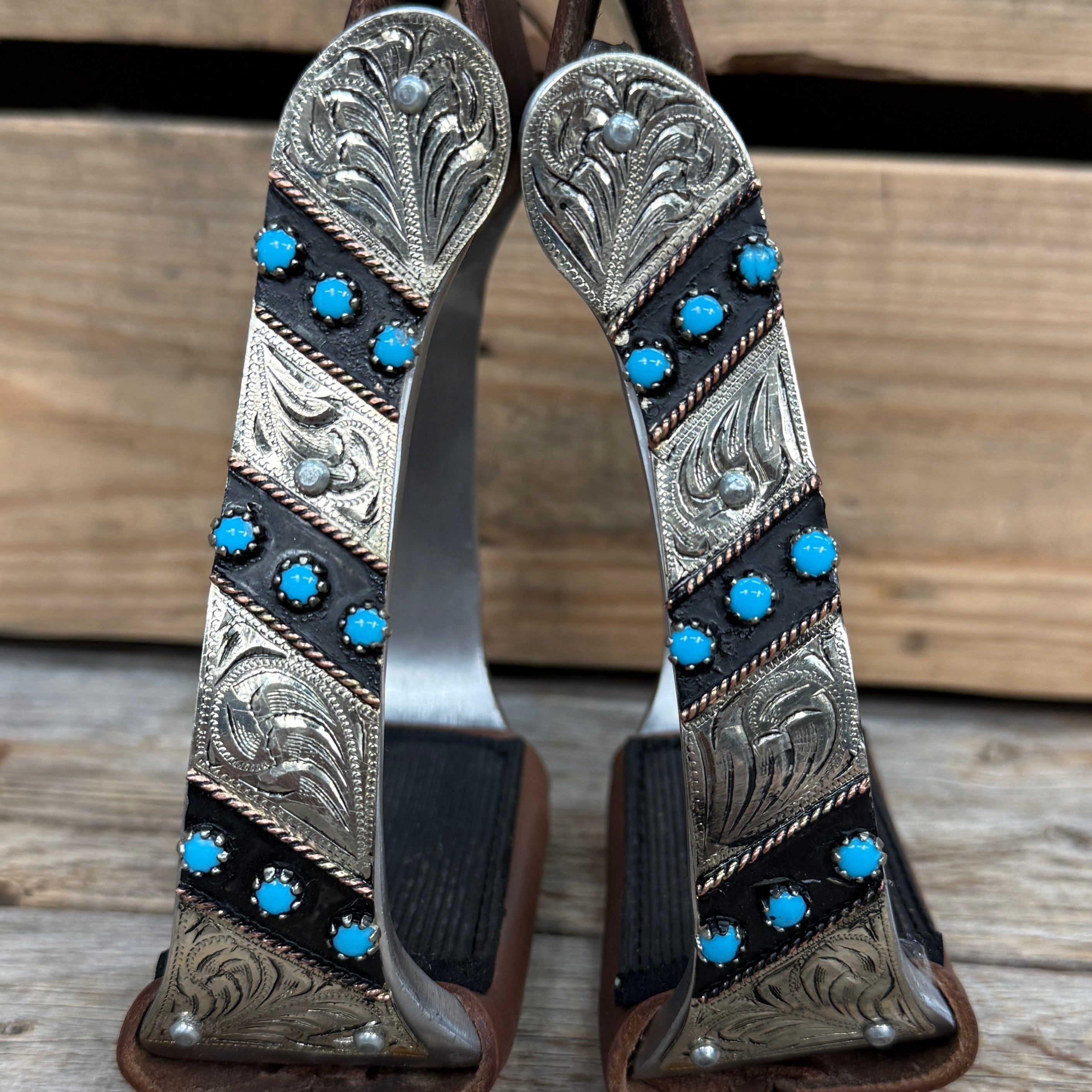 Hand Engraved Midnight Blue Angled Barrel Racing Western Stirrups BRS102 — view 4
