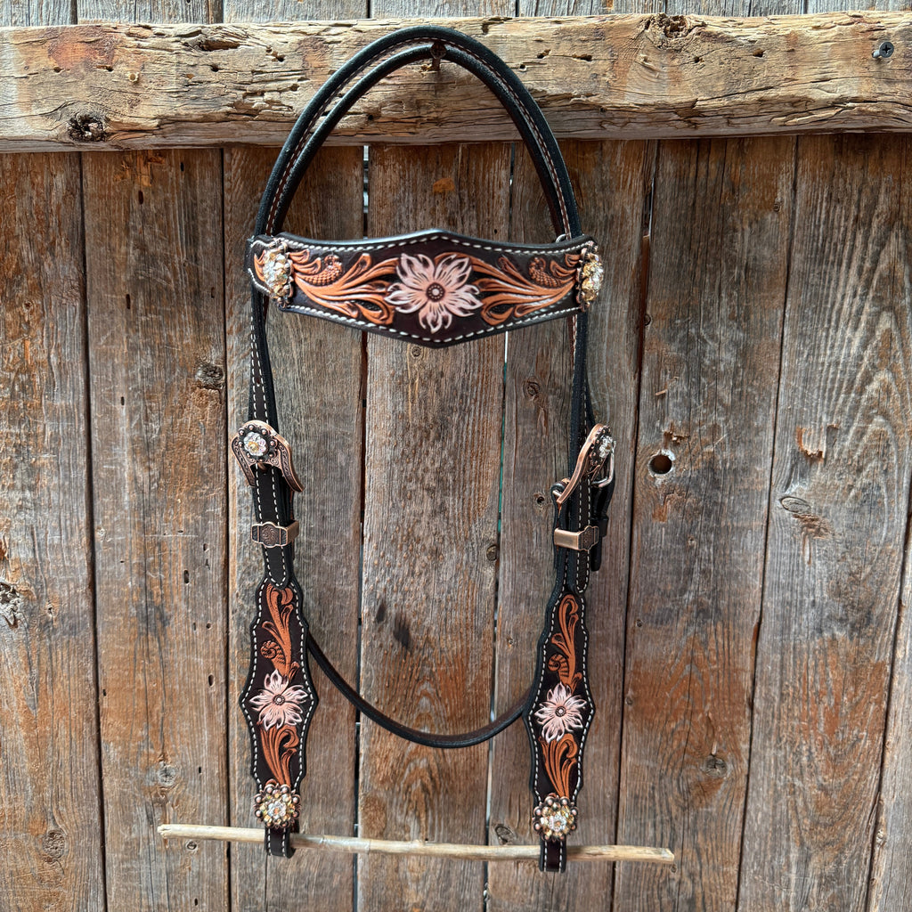 Triple Tone Floral Champagne and Clear Browband / One Ear - Triangle / Gladiator Breastcollar Tack Set #BBBC648 — view 3