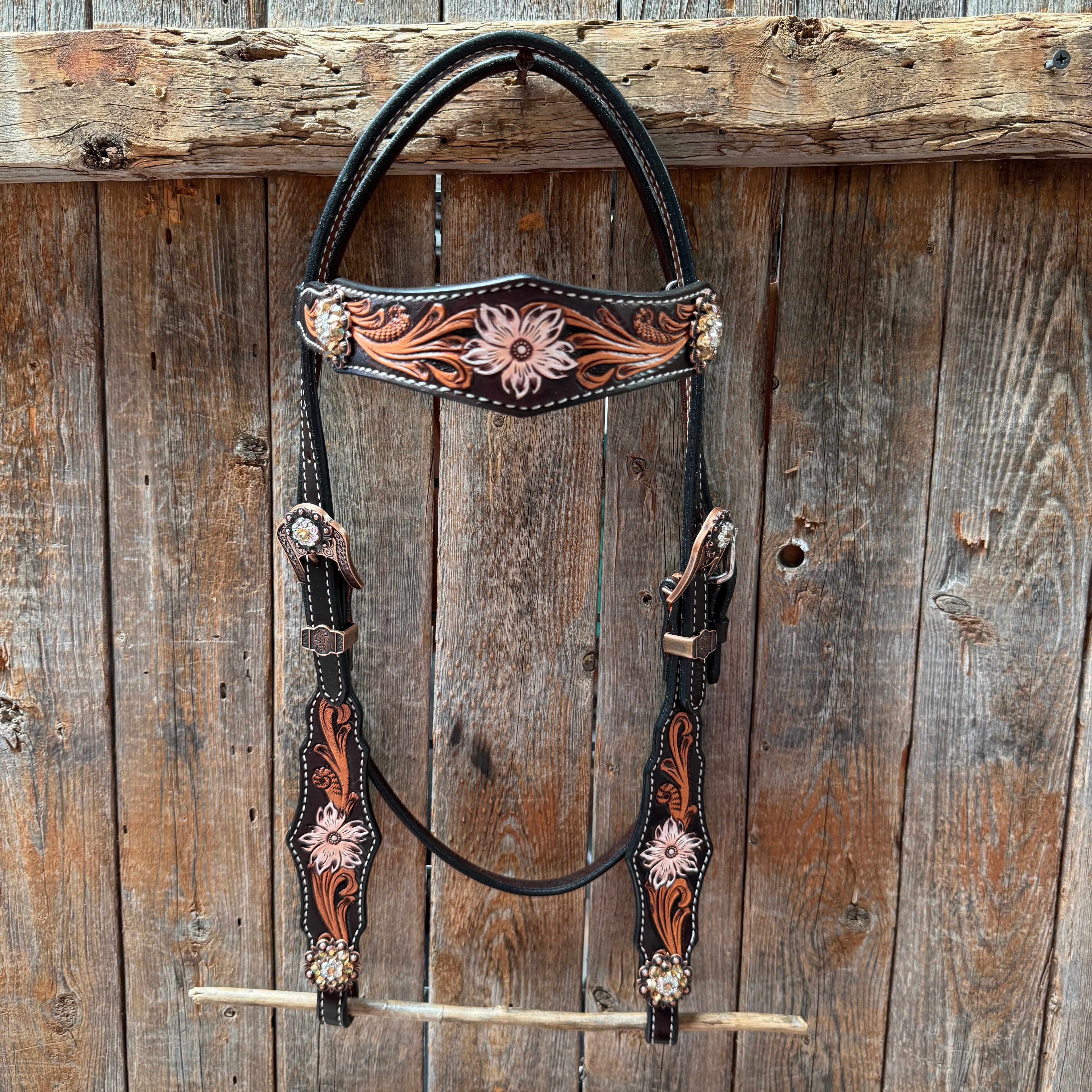 Triple Tone Floral Champagne and Clear Browband / One Ear - Triangle / Gladiator Breastcollar Tack Set #BBBC648 — view 3