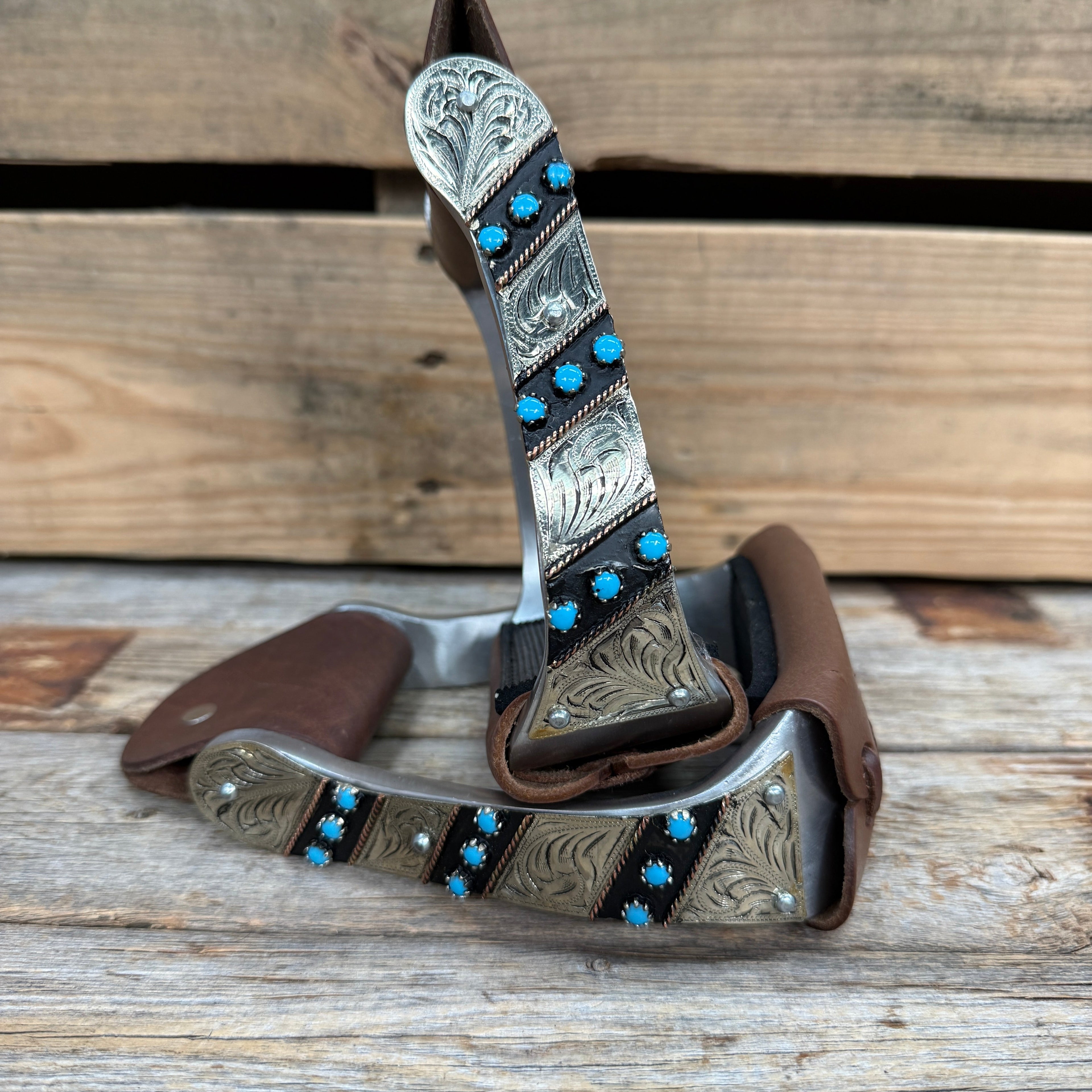 Hand Engraved Midnight Blue Angled Barrel Racing Western Stirrups BRS102 — view 2