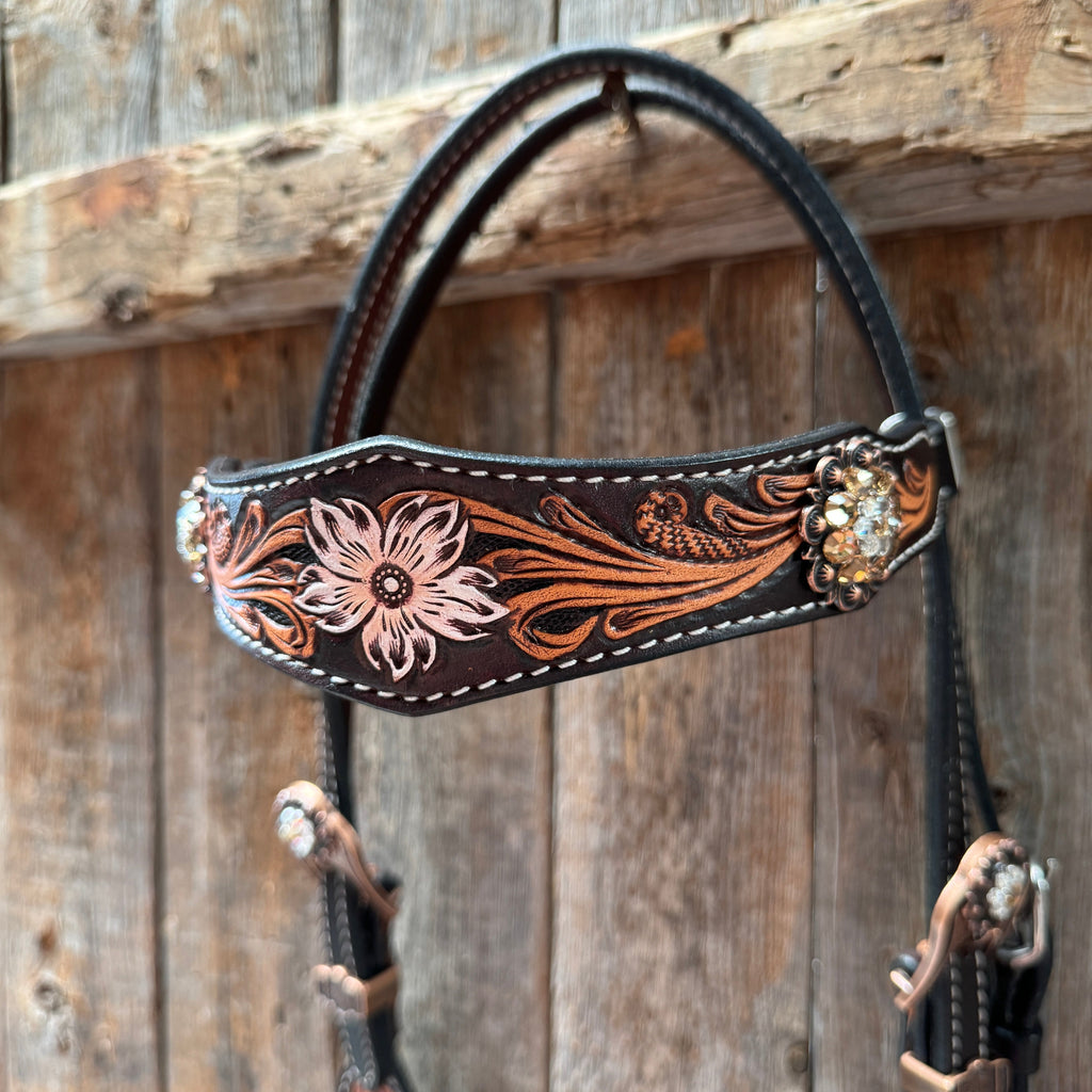 Triple Tone Floral Champagne and Clear Browband / One Ear - Triangle / Gladiator Breastcollar Tack Set #BBBC648 — view 4