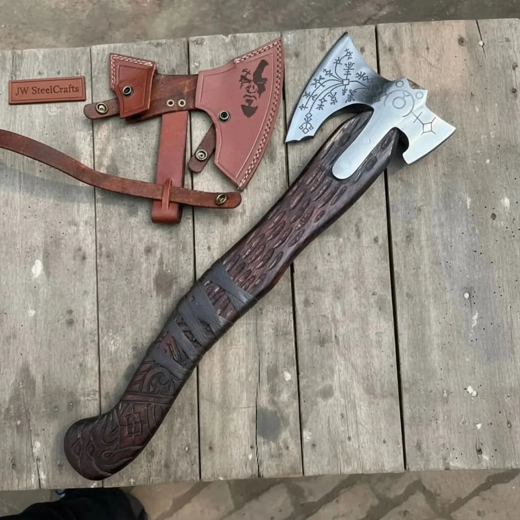 Engraved Leviathan Axe Replica with Carved Wood Handle