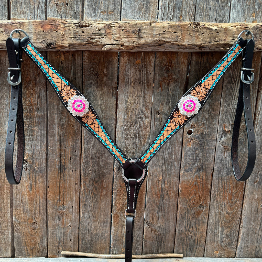 Multi Flower Hot Pink Browband / One Ear - Breastcollar Tack Set #BBBC647 — view 9