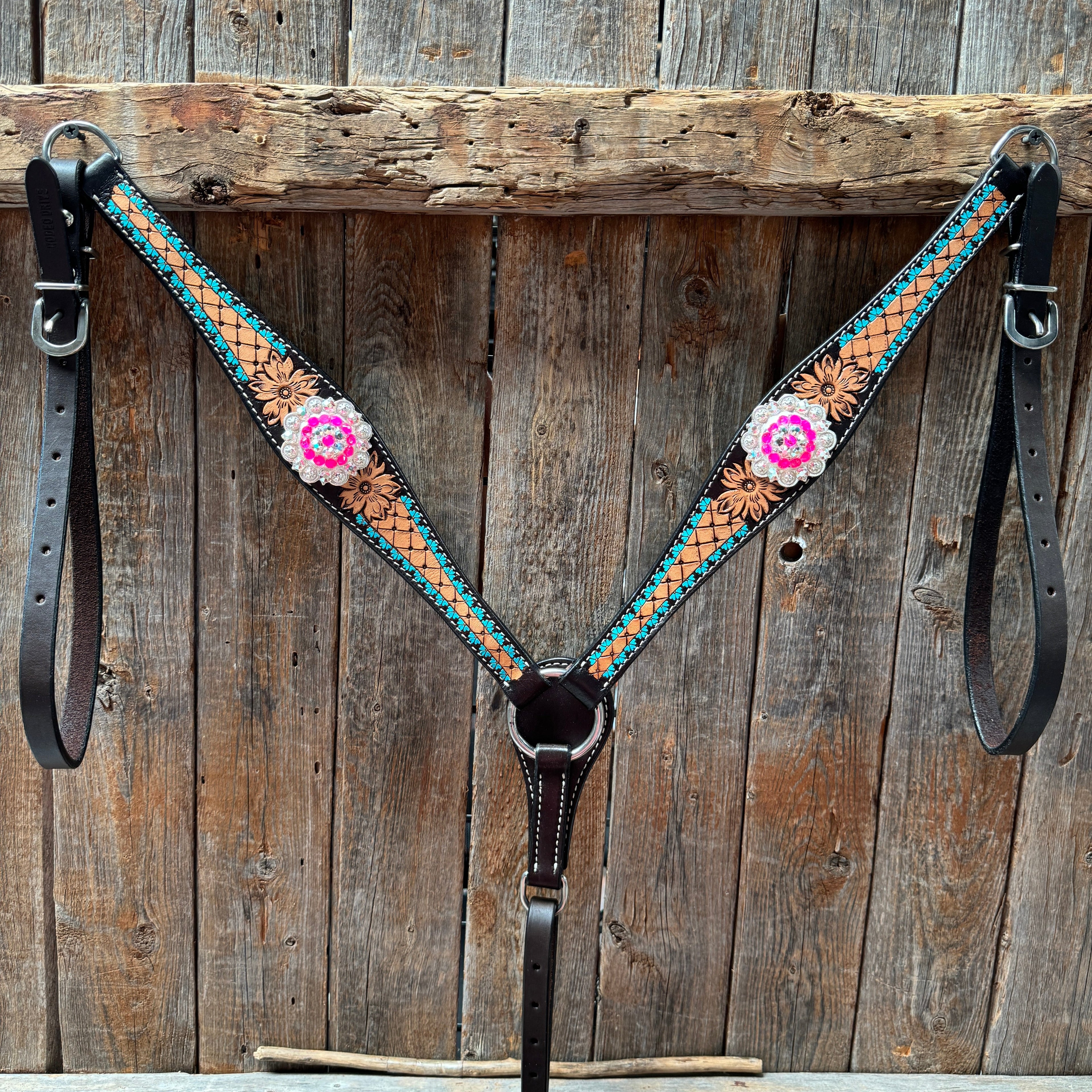 Multi Flower Hot Pink Browband / One Ear - Breastcollar Tack Set #BBBC647 — view 9