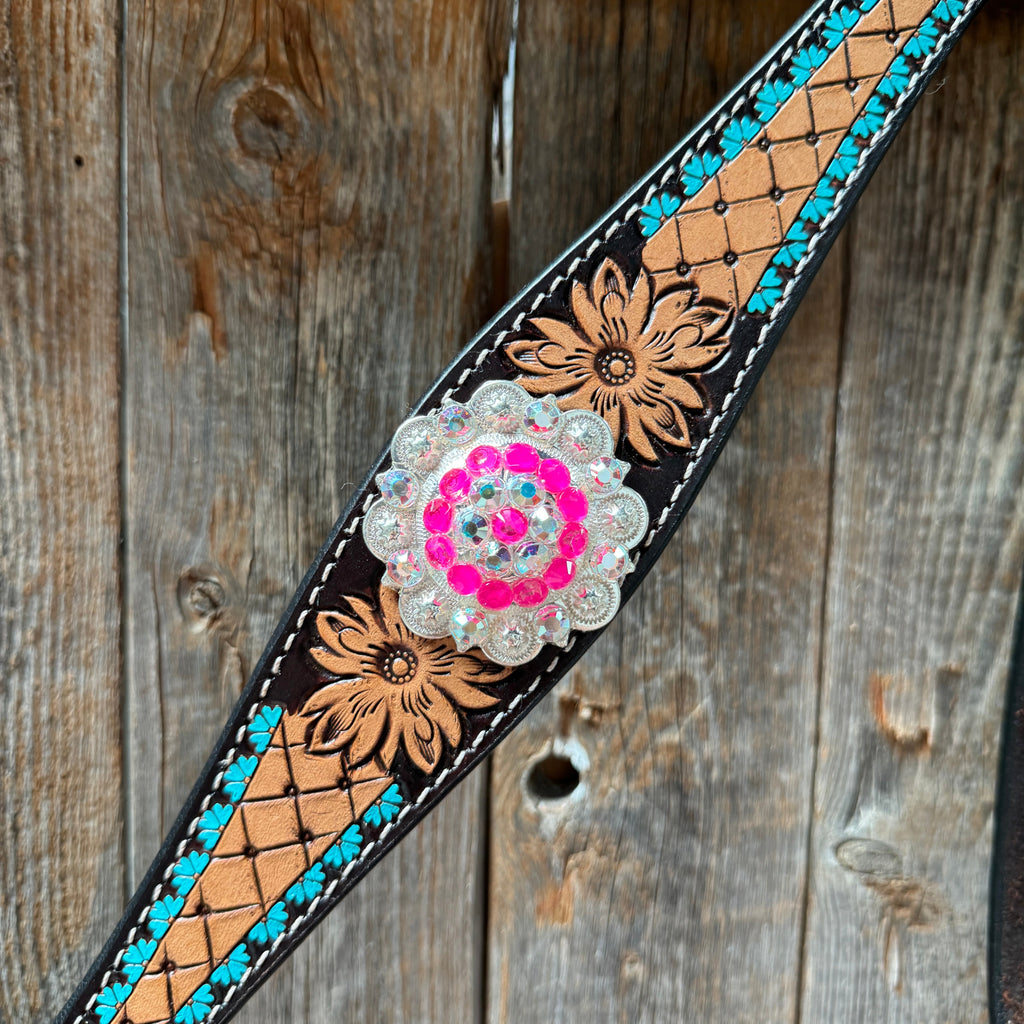 Multi Flower Hot Pink Browband / One Ear - Breastcollar Tack Set #BBBC647 — view 10