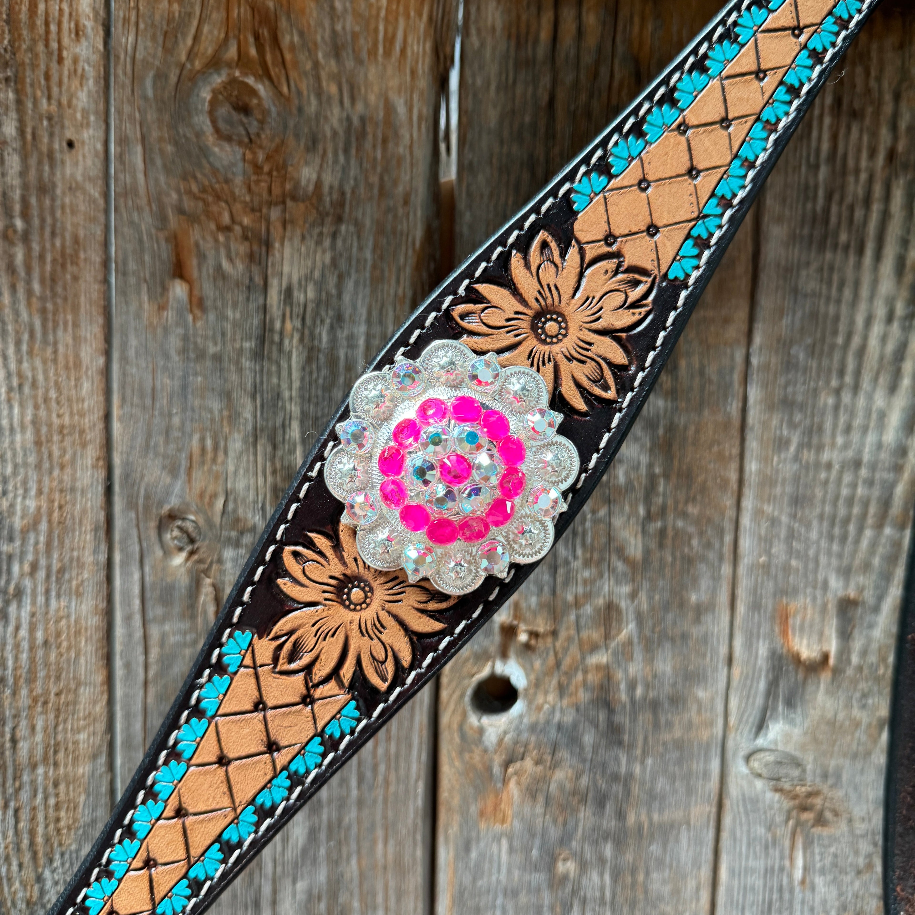 Multi Flower Hot Pink Browband / One Ear - Breastcollar Tack Set #BBBC647 — view 10