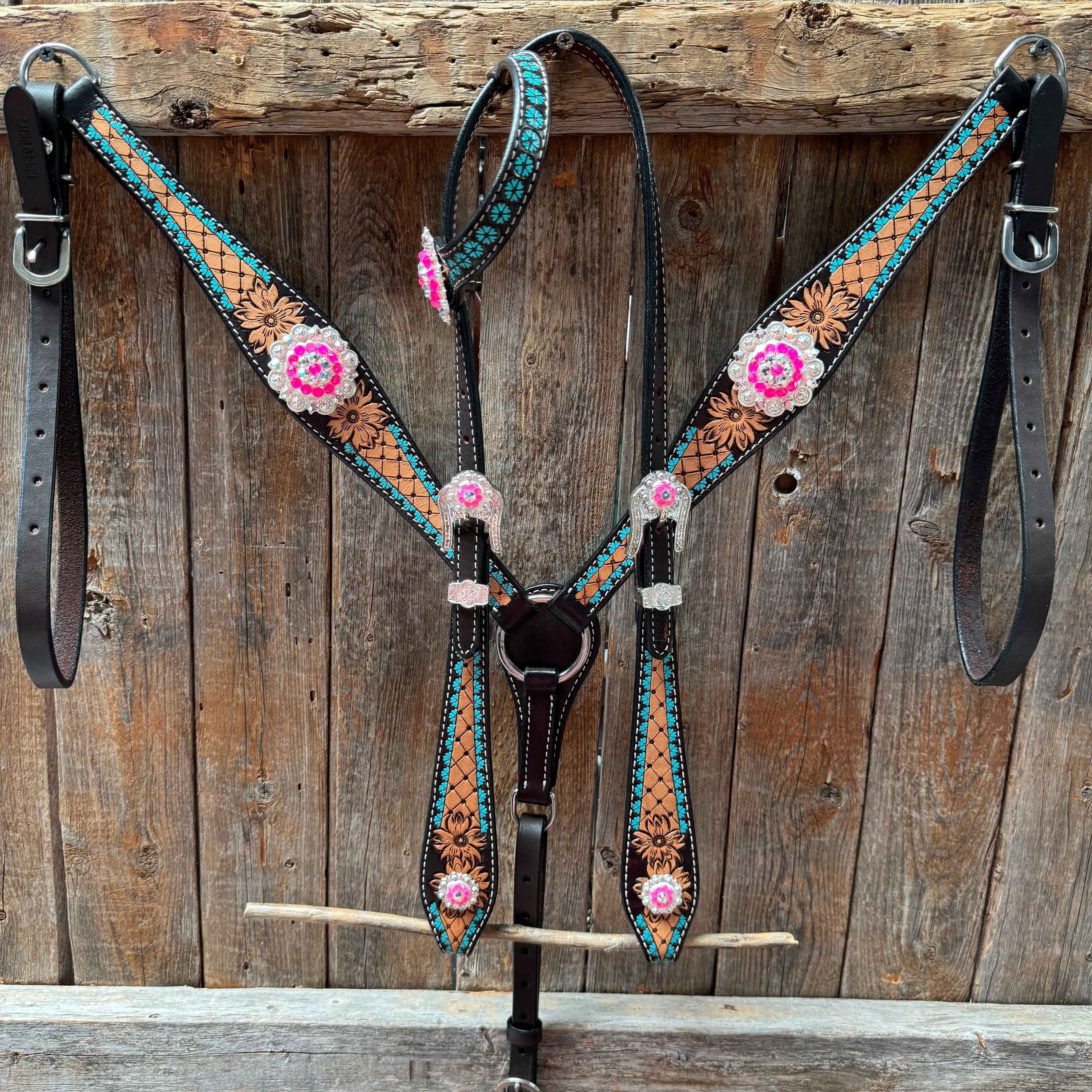 Multi Flower Hot Pink Browband / One Ear - Breastcollar Tack Set #BBBC647 — view 2