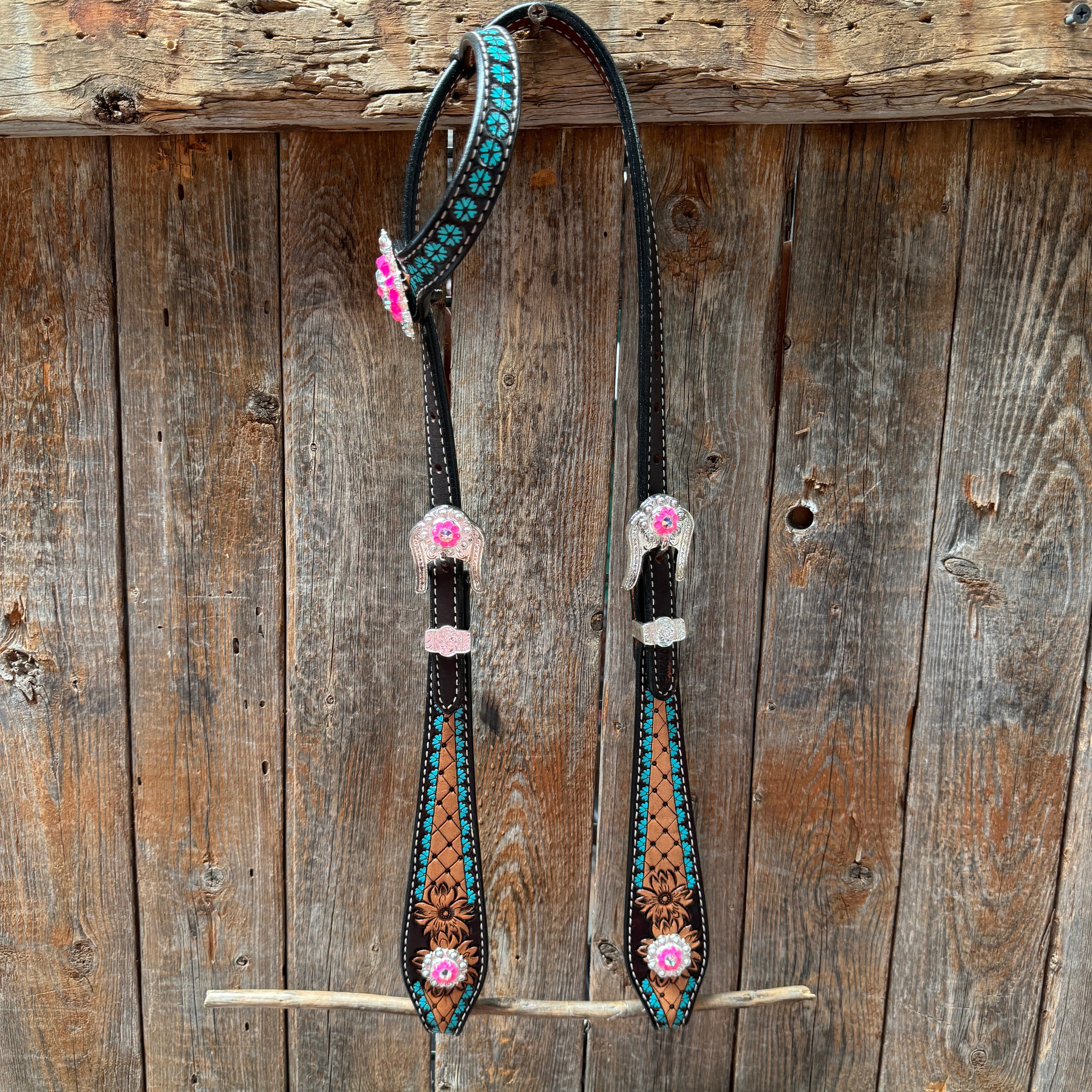Multi Flower Hot Pink Browband / One Ear - Breastcollar Tack Set #BBBC647 — view 7