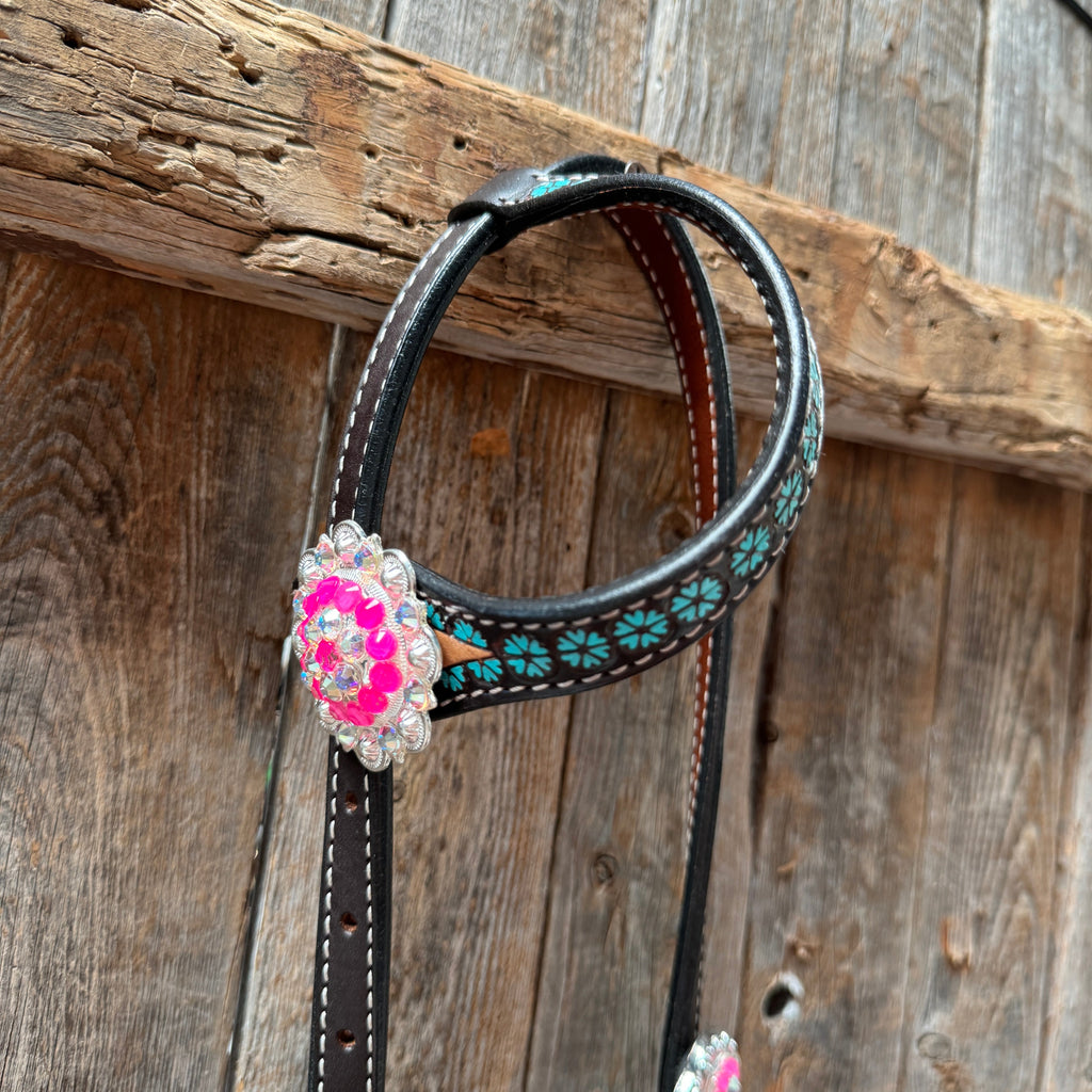 Multi Flower Hot Pink Browband / One Ear - Breastcollar Tack Set #BBBC647 — view 8