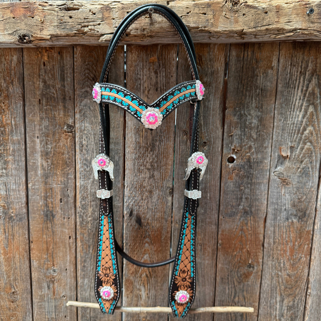 Multi Flower Hot Pink Browband / One Ear - Breastcollar Tack Set #BBBC647 — view 3