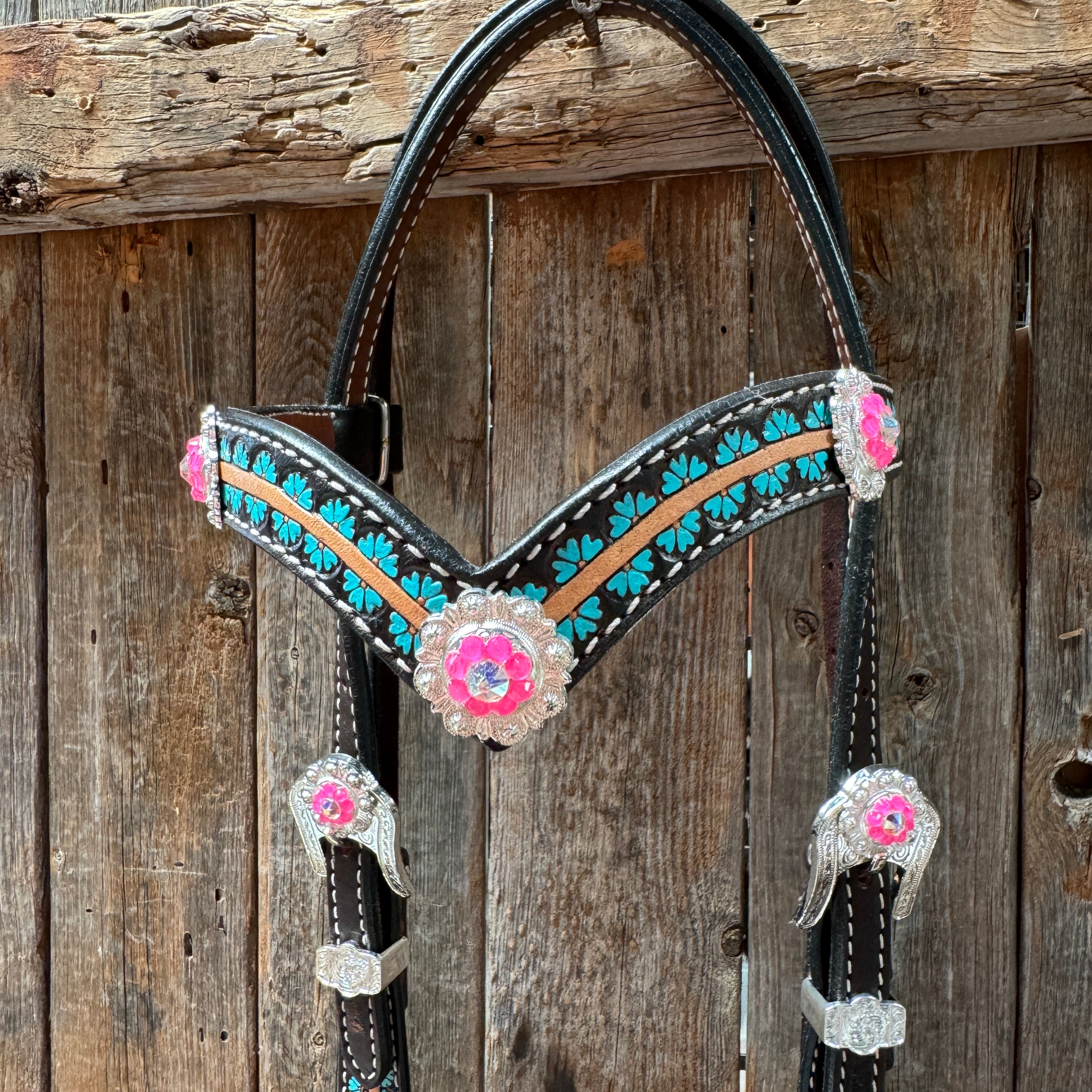 Multi Flower Hot Pink Browband / One Ear - Breastcollar Tack Set #BBBC647 — view 4